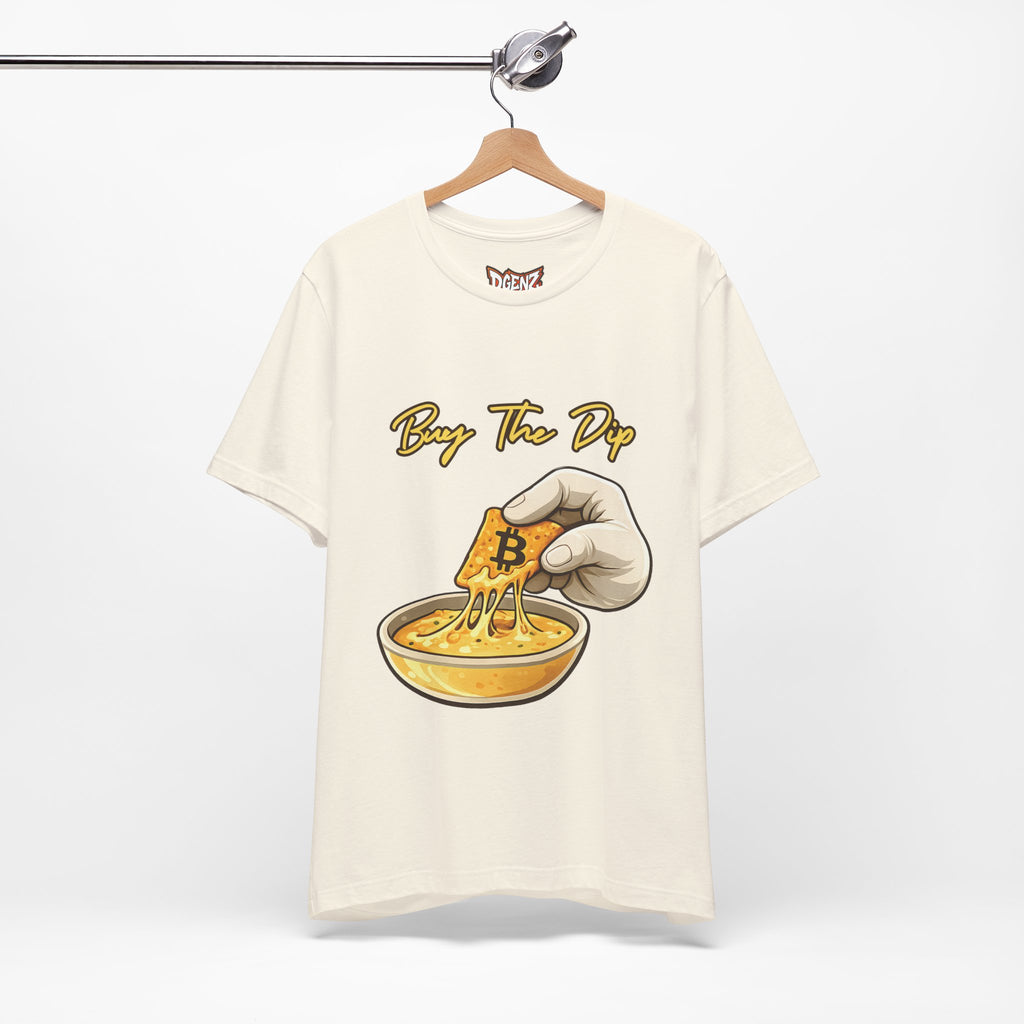 Natural color Buy The Dip Bitcoin T-Shirt mockup with BTC chip and cheese dip graphic