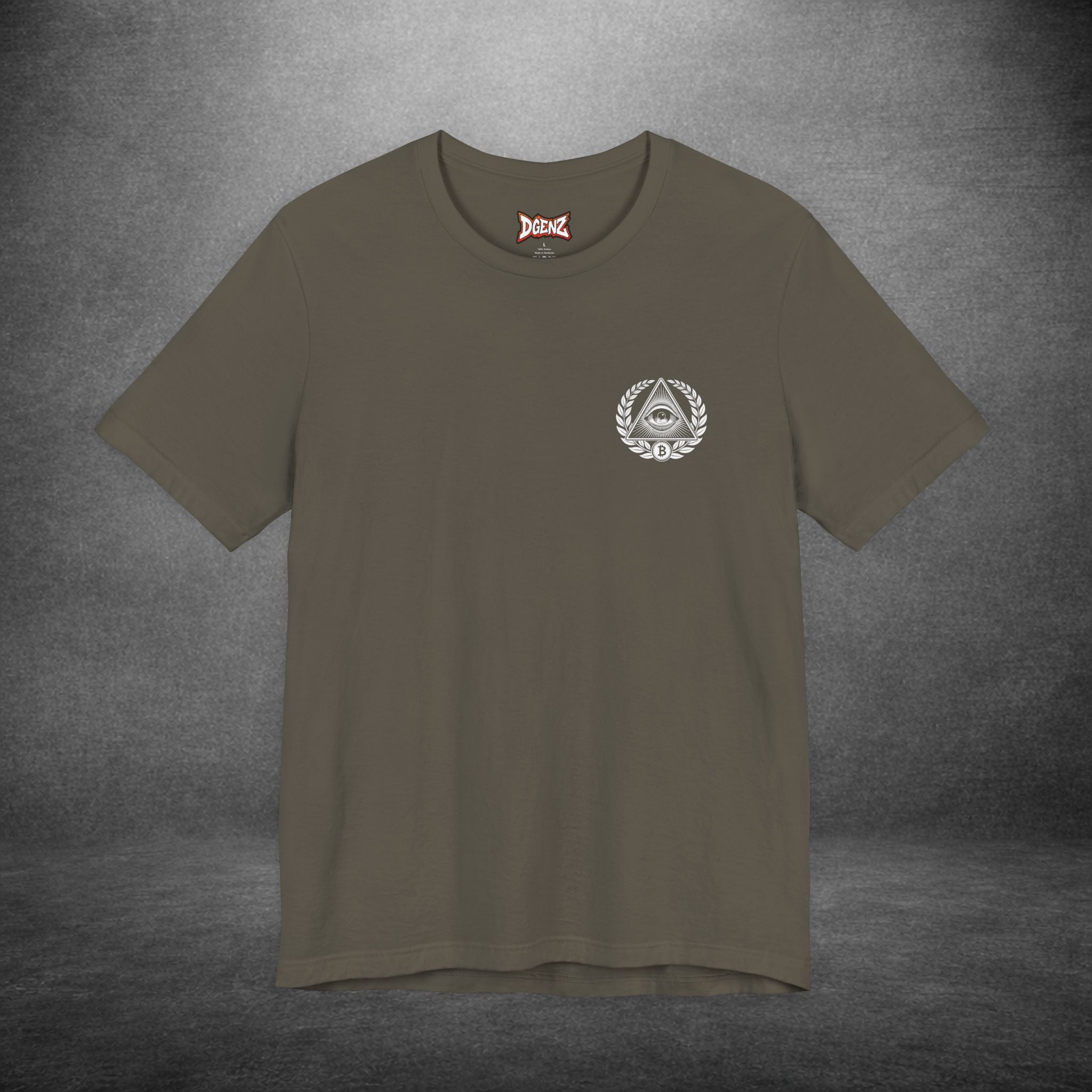 Minimal crypto t-shirt featuring the all-seeing eye and Bitcoin