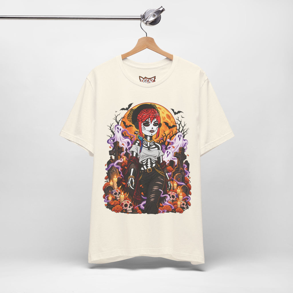 Natural DGENZ Haunted Sugar Skull NFT T-Shirt with ghosts, skulls and moon graphic