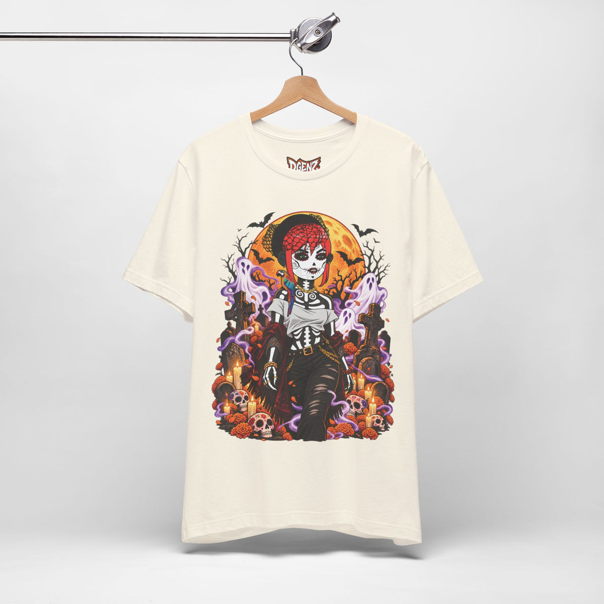 Natural DGENZ Haunted Sugar Skull NFT T-Shirt with ghosts, skulls and moon graphic