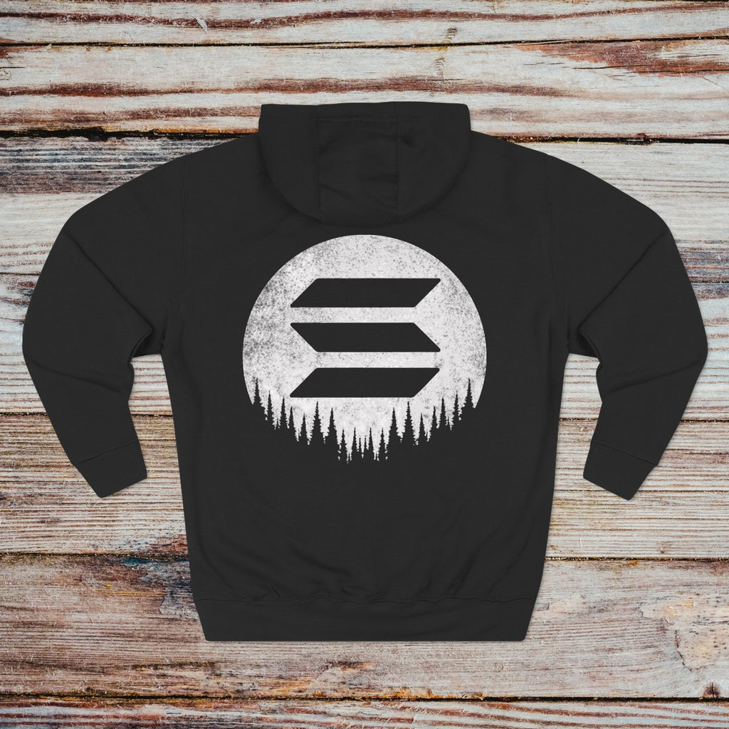 Black Solana hoodie back view showing statement Solana moon design