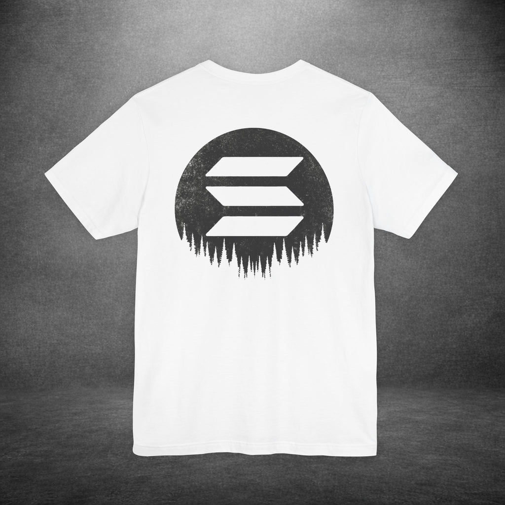 White Solana t-shirt back view featuring bold Solana logo