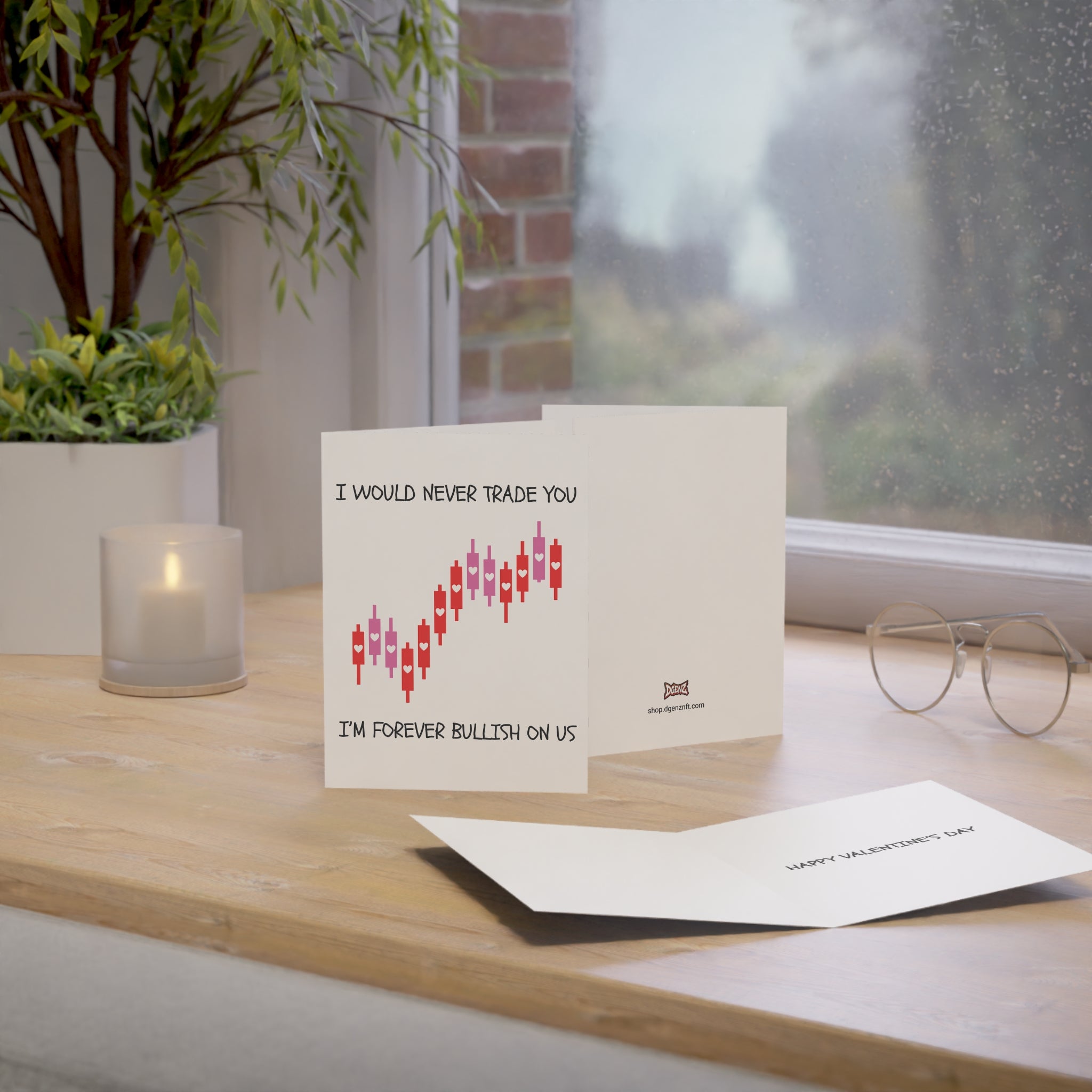 Crypto Valentine’s Day card with bullish trading chart displayed on a desk