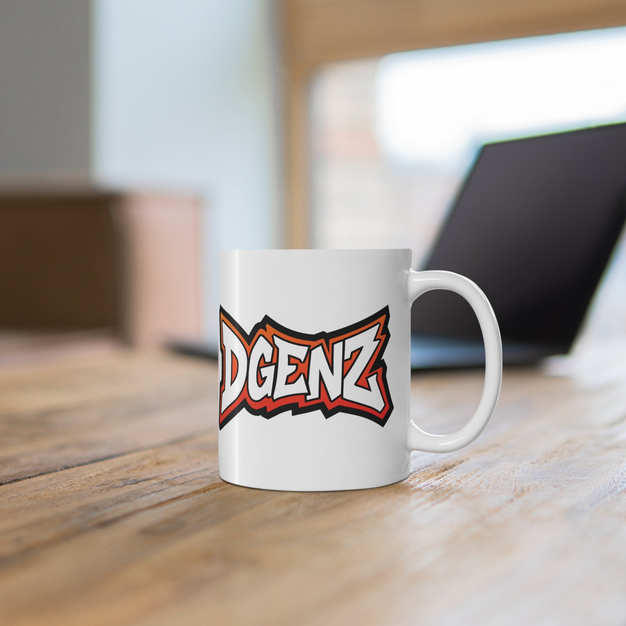 White ceramic Dgenz mug for crypto traders and NFT holders