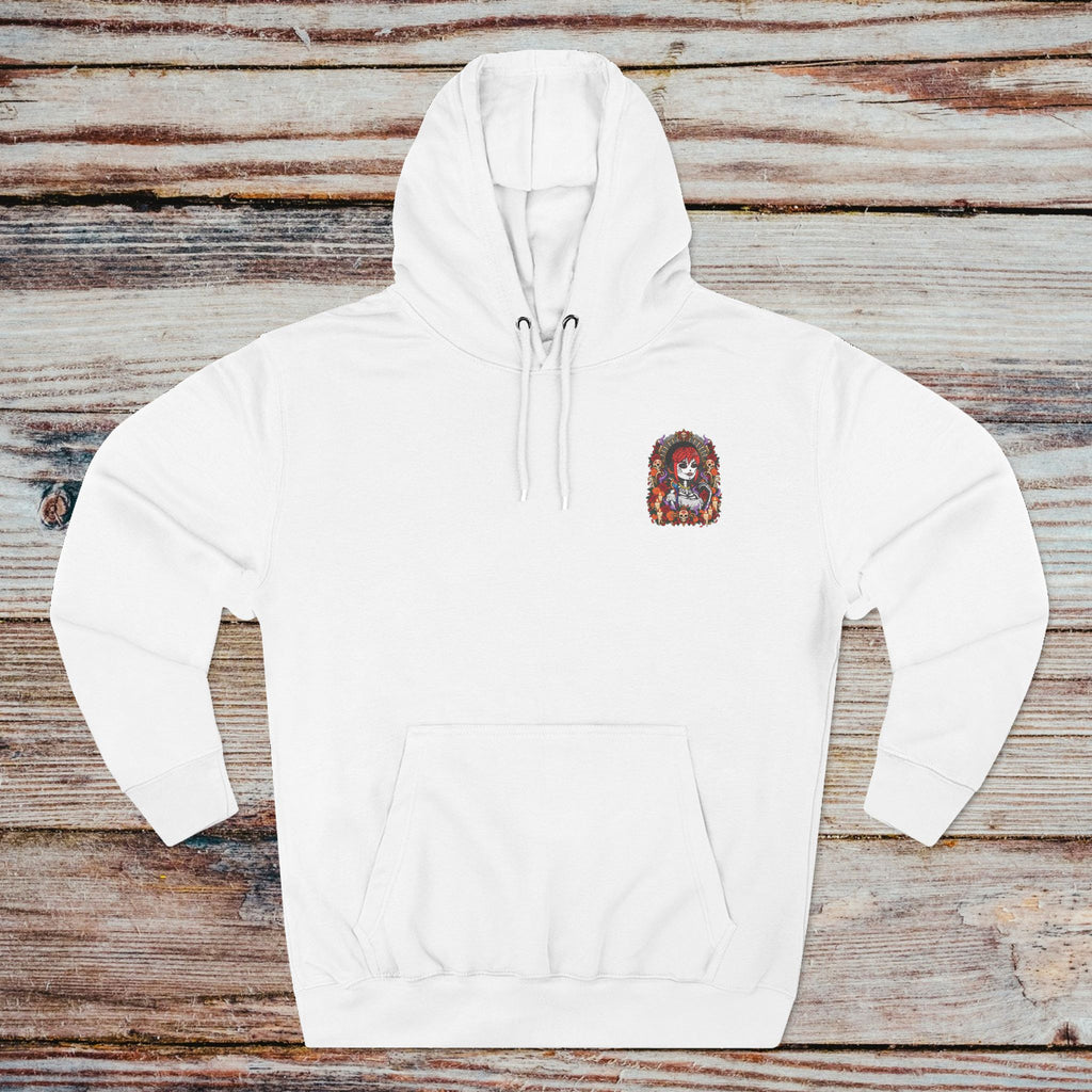 White DGENZ Calavera Halloween Hoodie front with small chest graphic