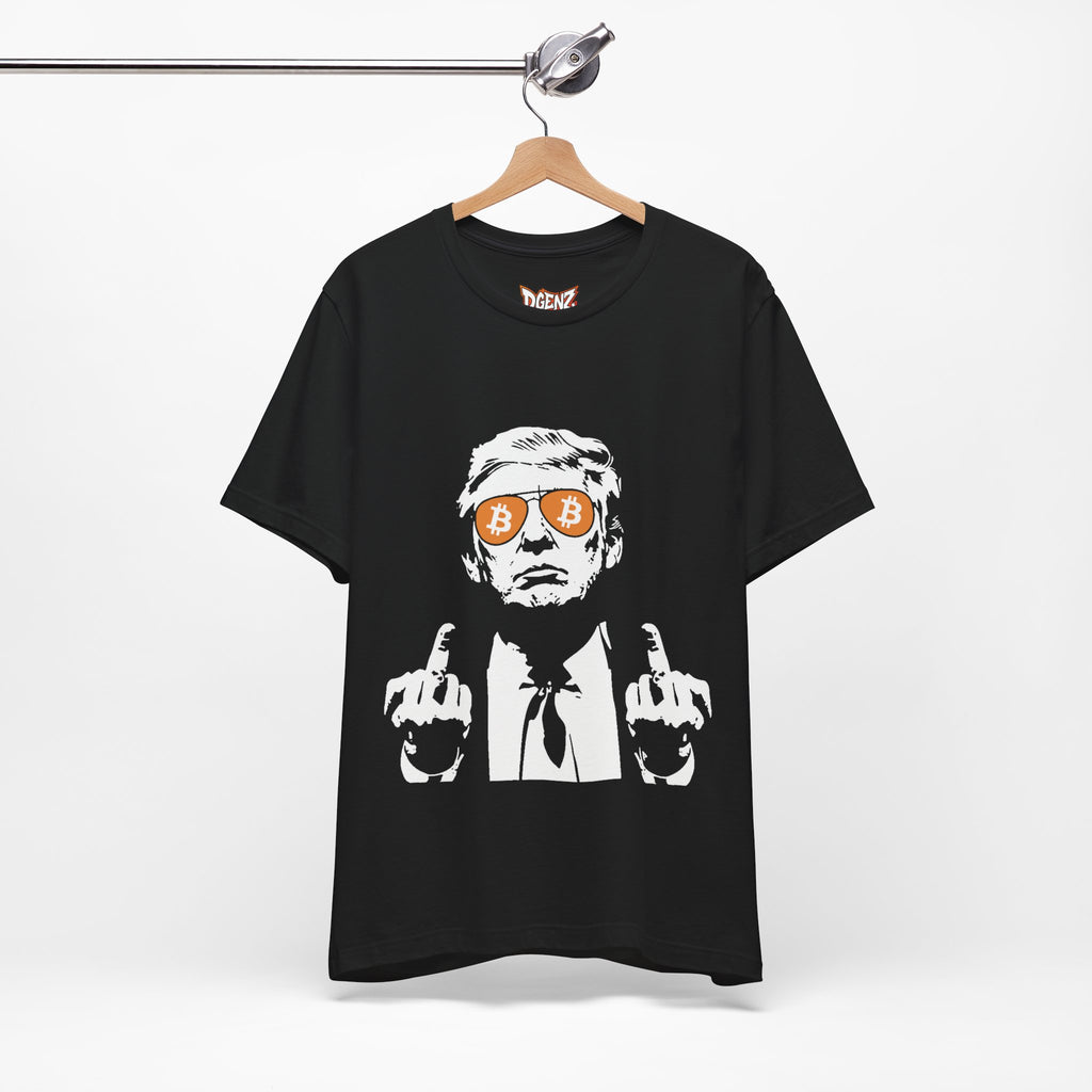 Black Bitcoin Trump T-Shirt mockup with political crypto graphic on front