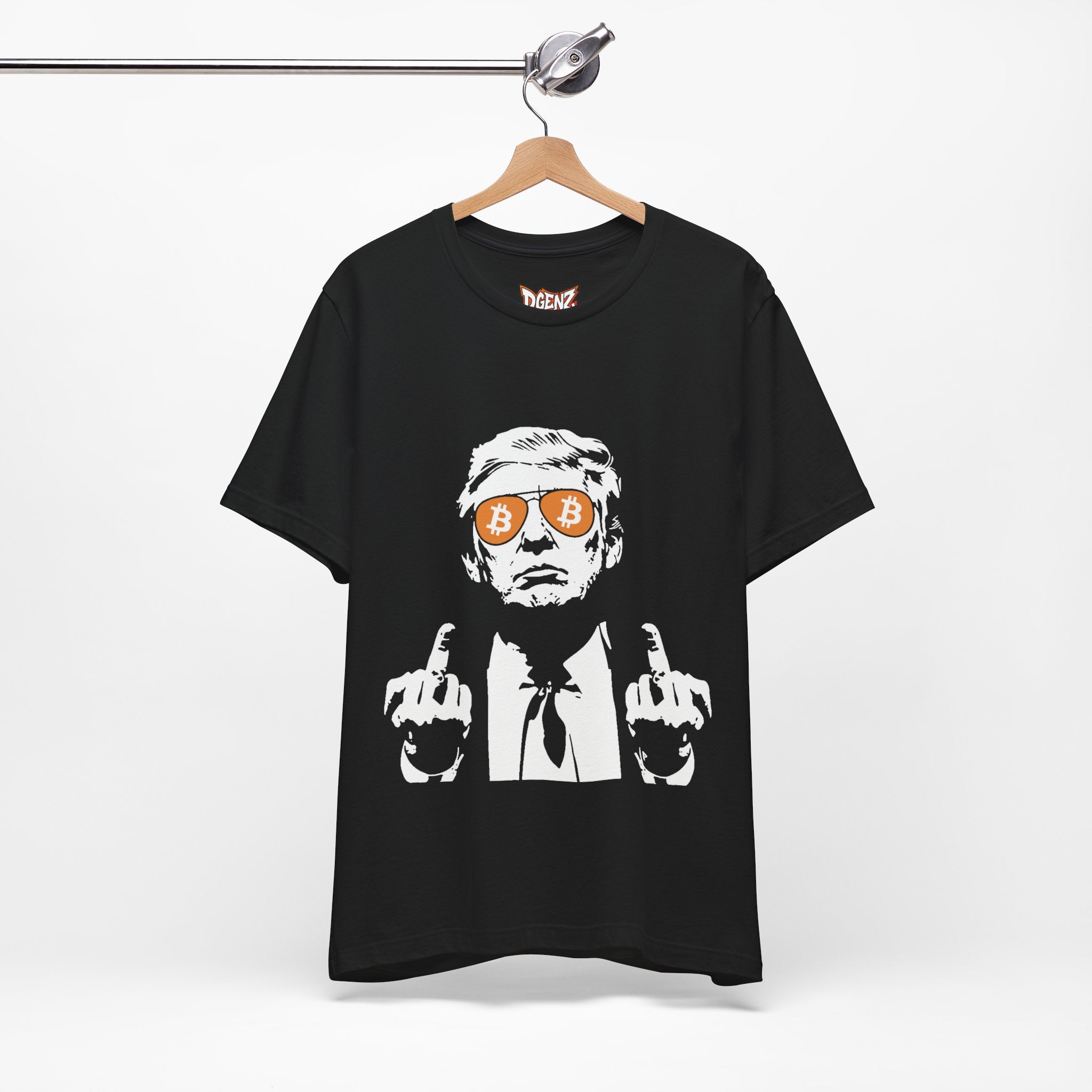 Black Bitcoin Trump T-Shirt mockup with political crypto graphic on front