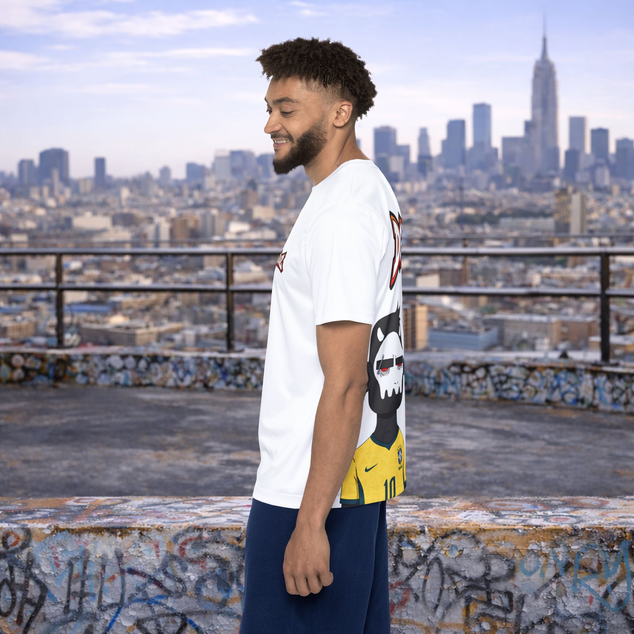 Male model wearing Brazil Neymar Jr #10 soccer jersey on urban rooftop backdrop