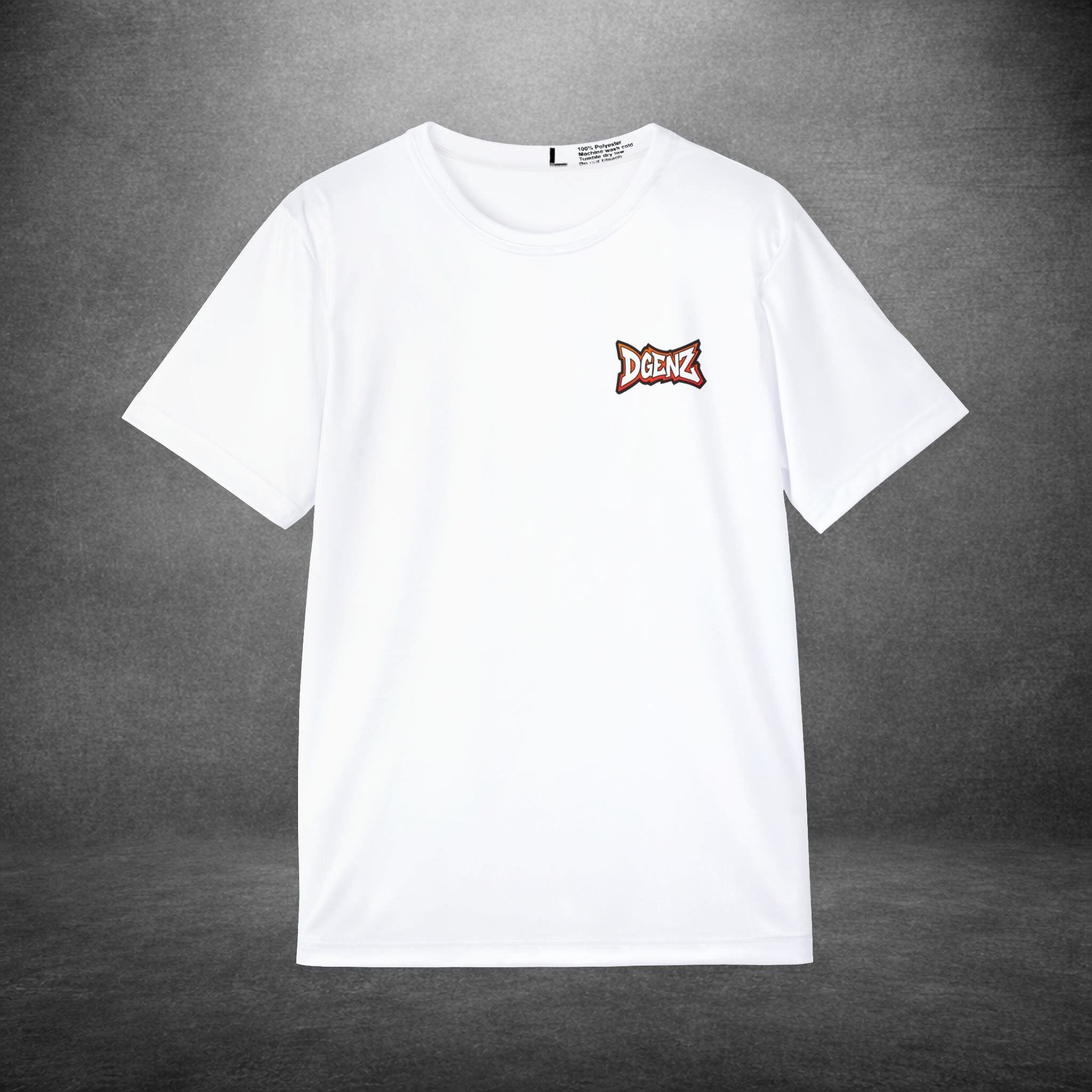 Front view of custom Dgenz NFT t-shirt featuring minimal Dgenz chest logo on white shirt