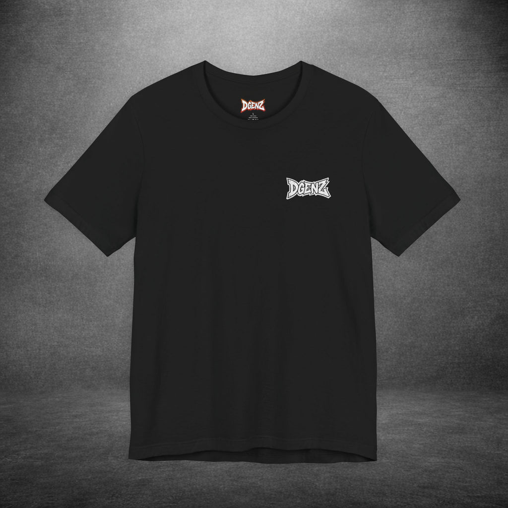 DGENZ USA Flag t-shirt front view with white DGENZ chest logo on black Bella Canvas 3001 tee