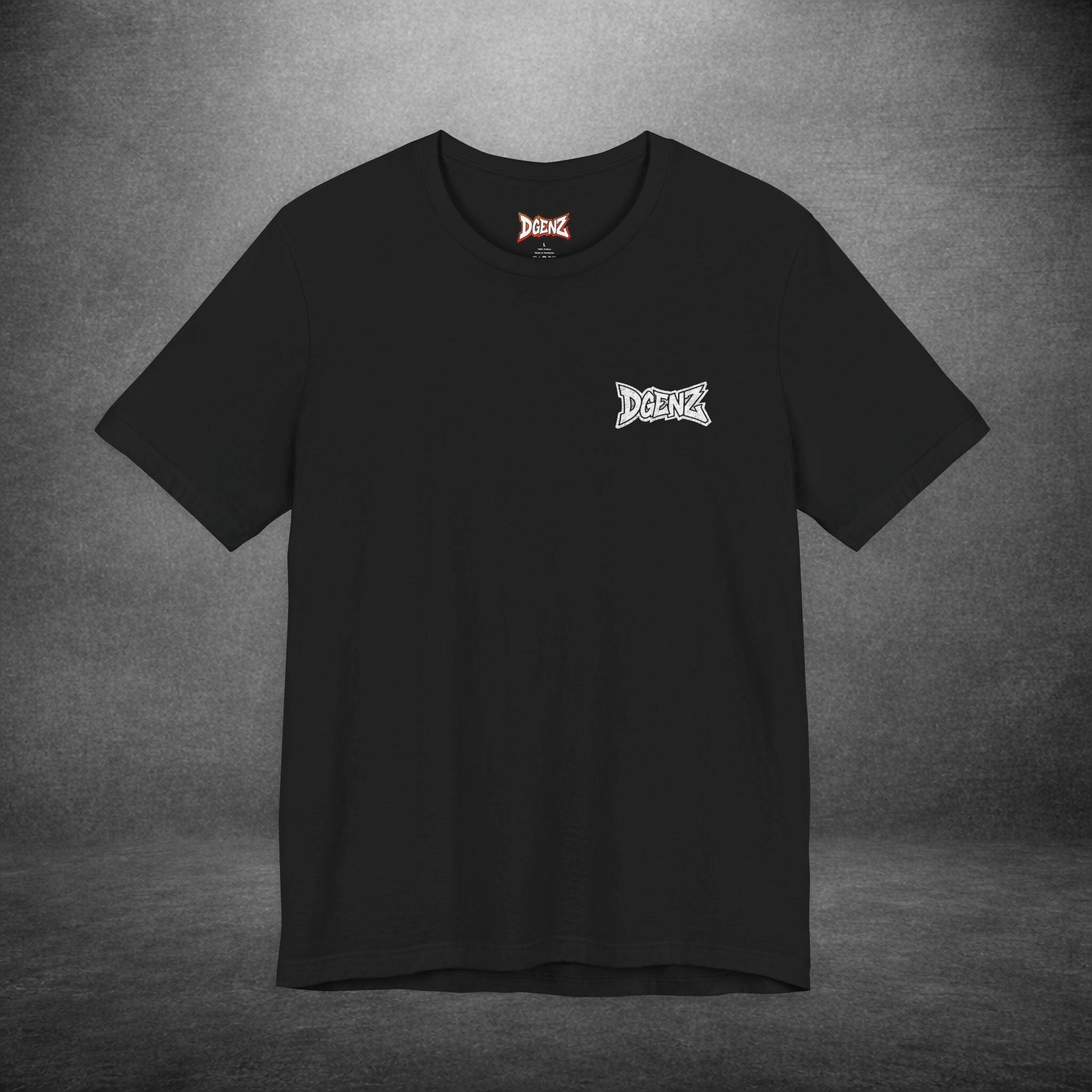 DGENZ USA Flag t-shirt front view with white DGENZ chest logo on black Bella Canvas 3001 tee