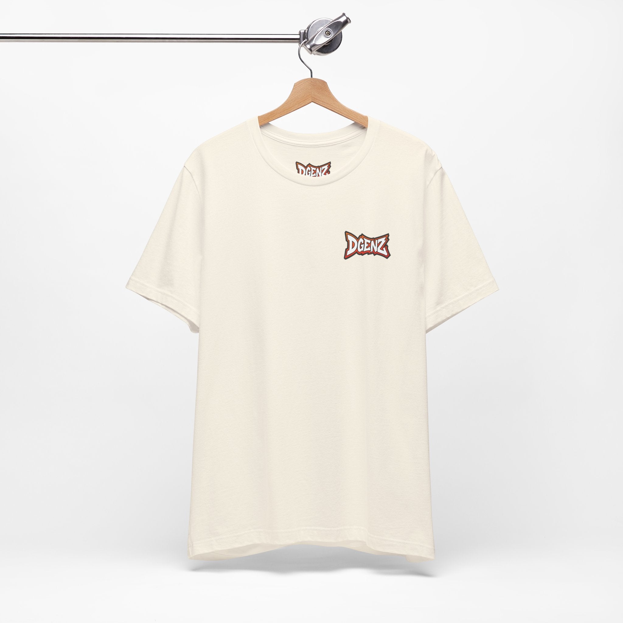 Cream Dgenz NFT t-shirt hanging on rack with minimal logo on chest