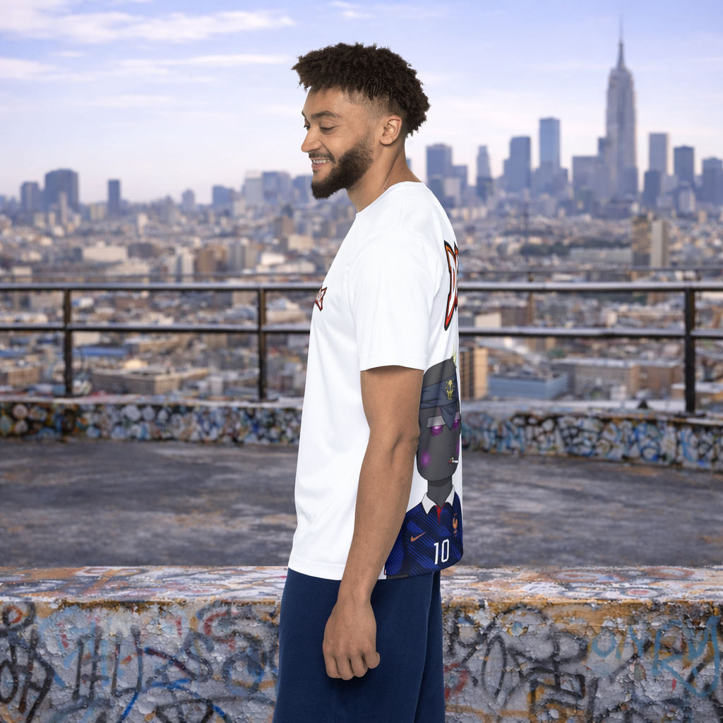 Male model wearing France Kylian Mbappé #10 soccer jersey on urban rooftop backdrop
