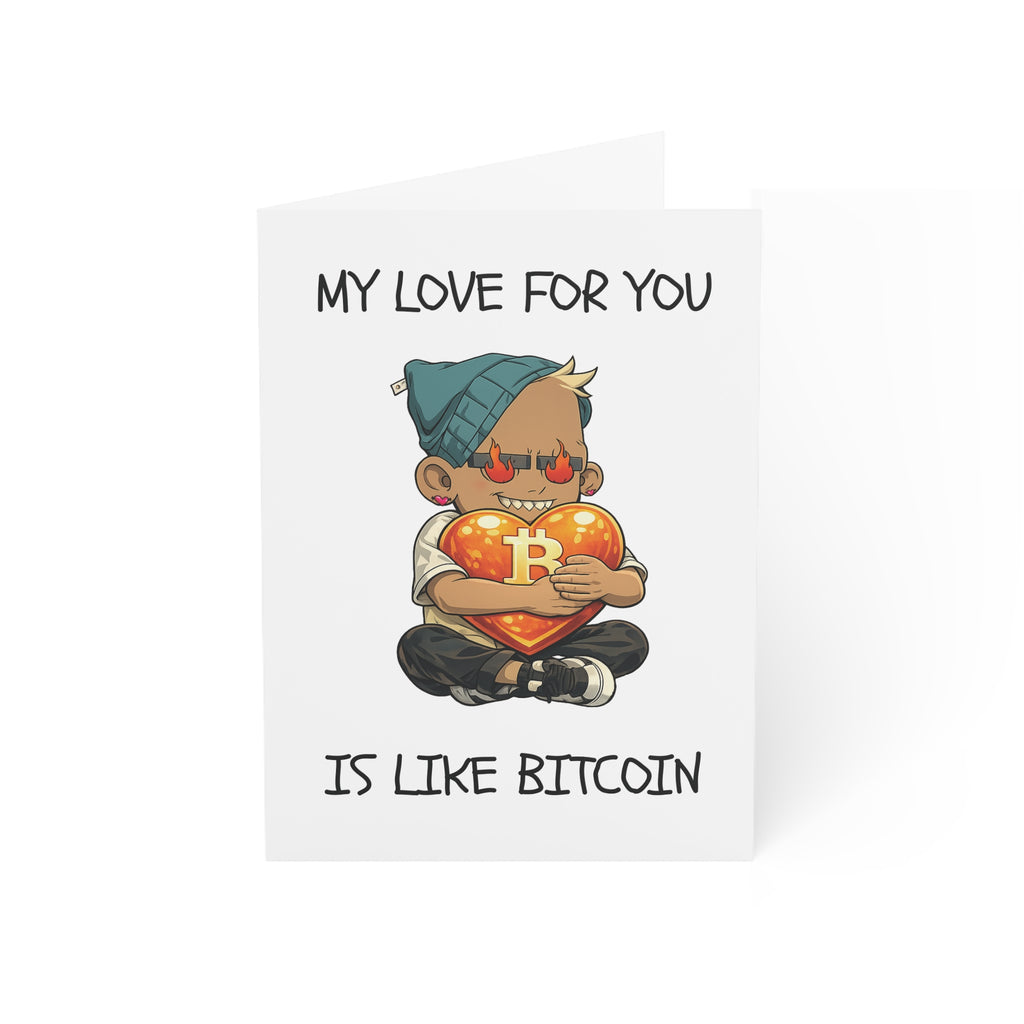 Bitcoin Valentine’s Day card with Degen Boyz NFT character hugging a Bitcoin heart and love message