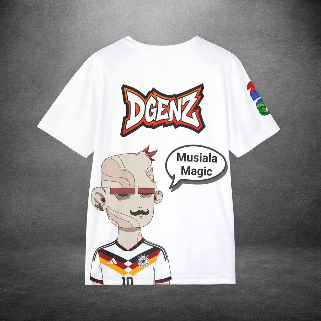 White FIFA x DGENZ Germany Jamal Musiala #10 jersey with large back graphic and customizable speech bubble