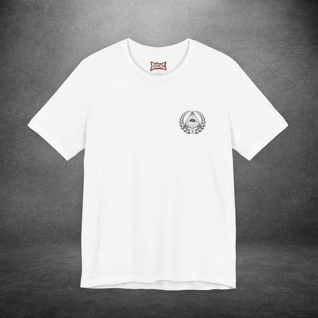 Unisex Bitcoin t-shirt with subtle chest logo and bold back print