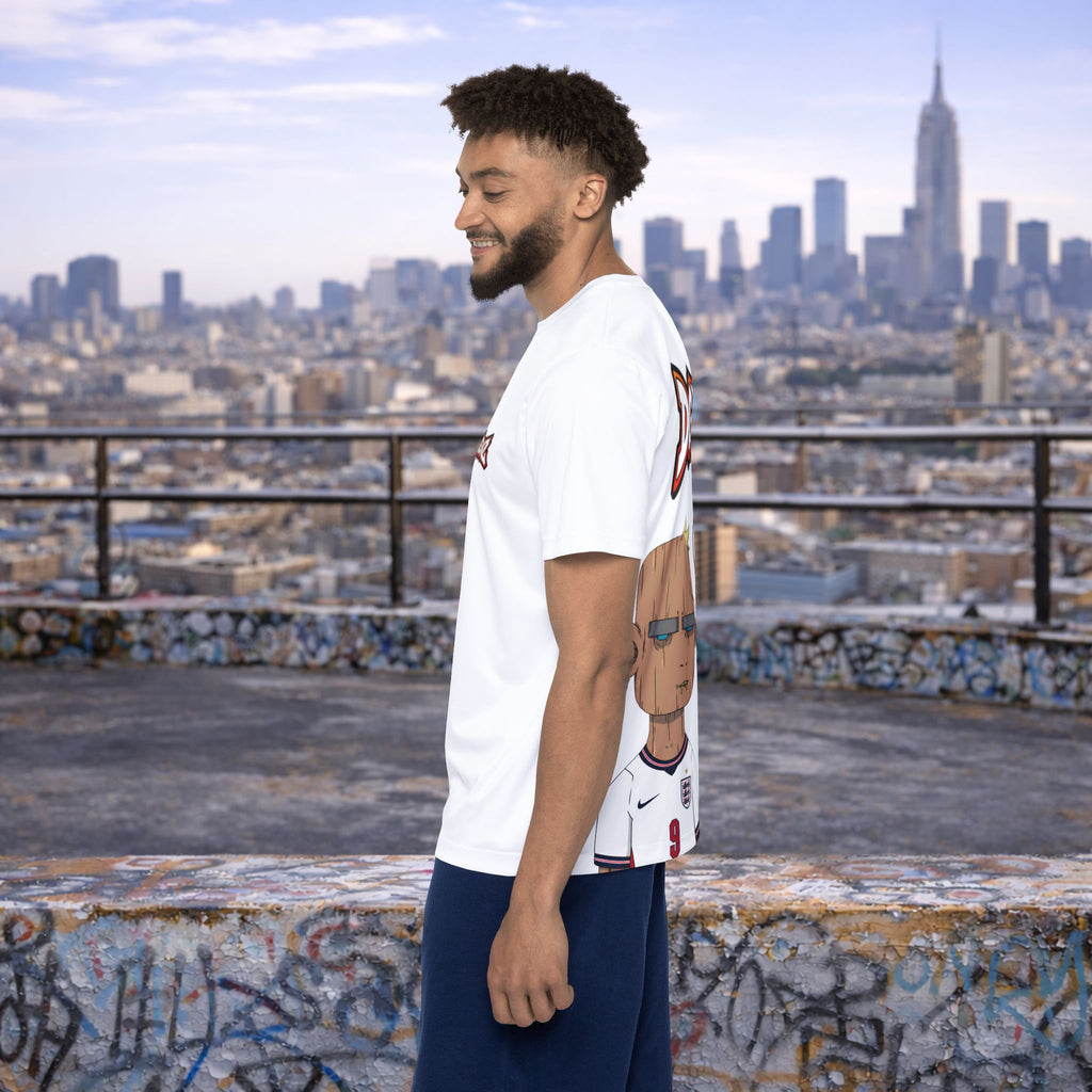 Opposite side view of white FIFA x DGENZ England jersey with back graphic partially visible