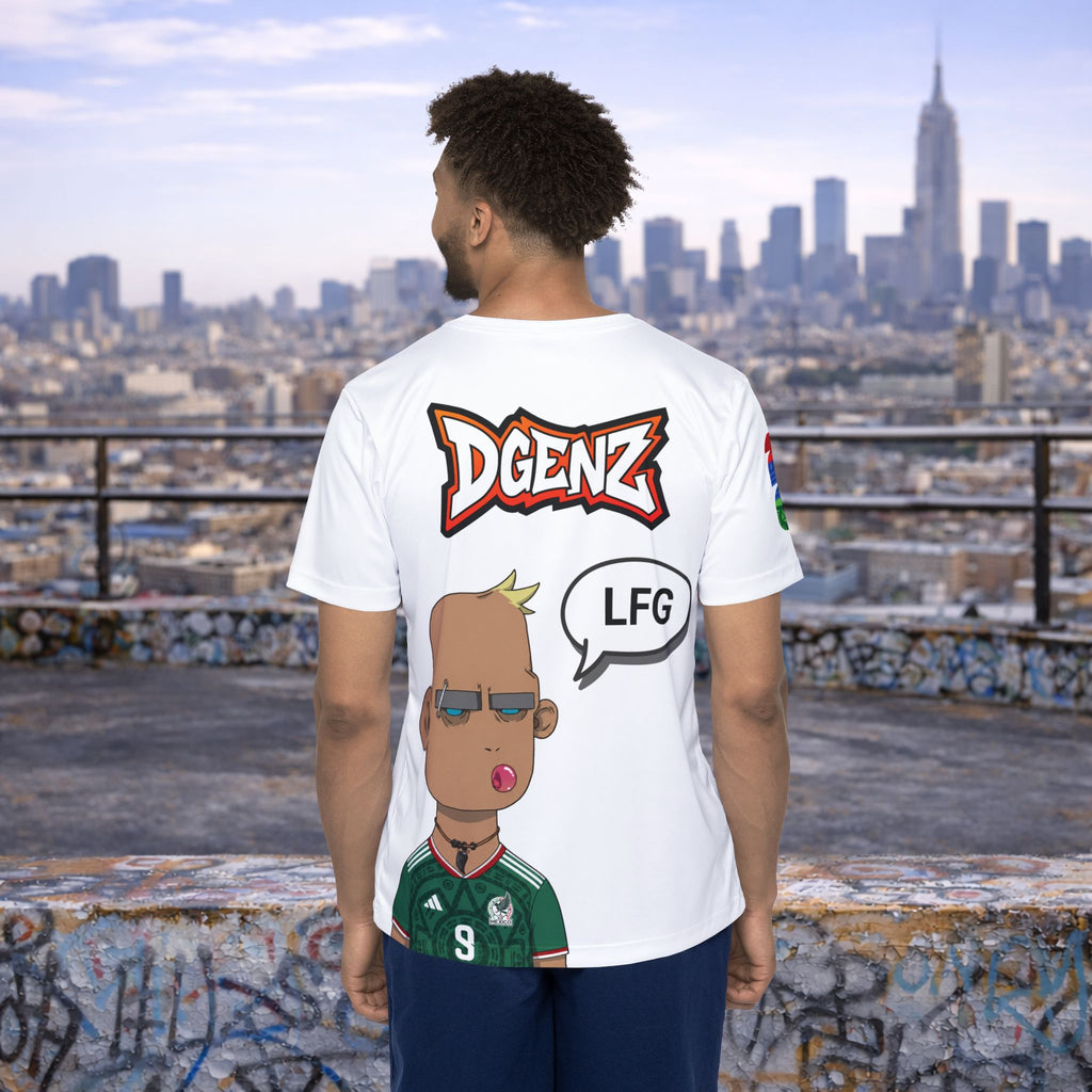 Back view of Mexico #9 Raúl Jiménez football jersey featuring DGENZ artwork and LFG speech bubble