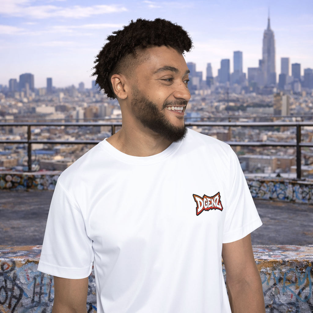 Model wearing custom Dgenz NFT t-shirt with small Dgenz logo on the chest