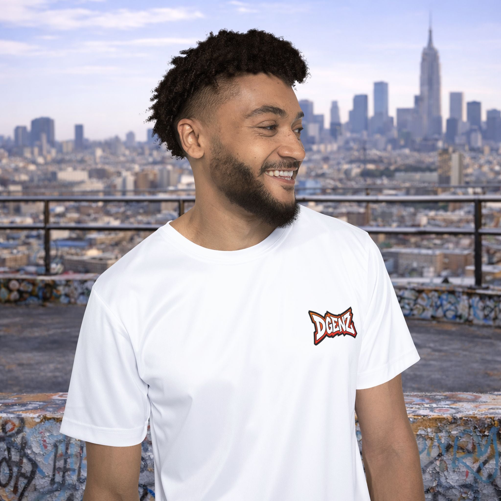 Model wearing custom Dgenz NFT t-shirt with small Dgenz logo on the chest