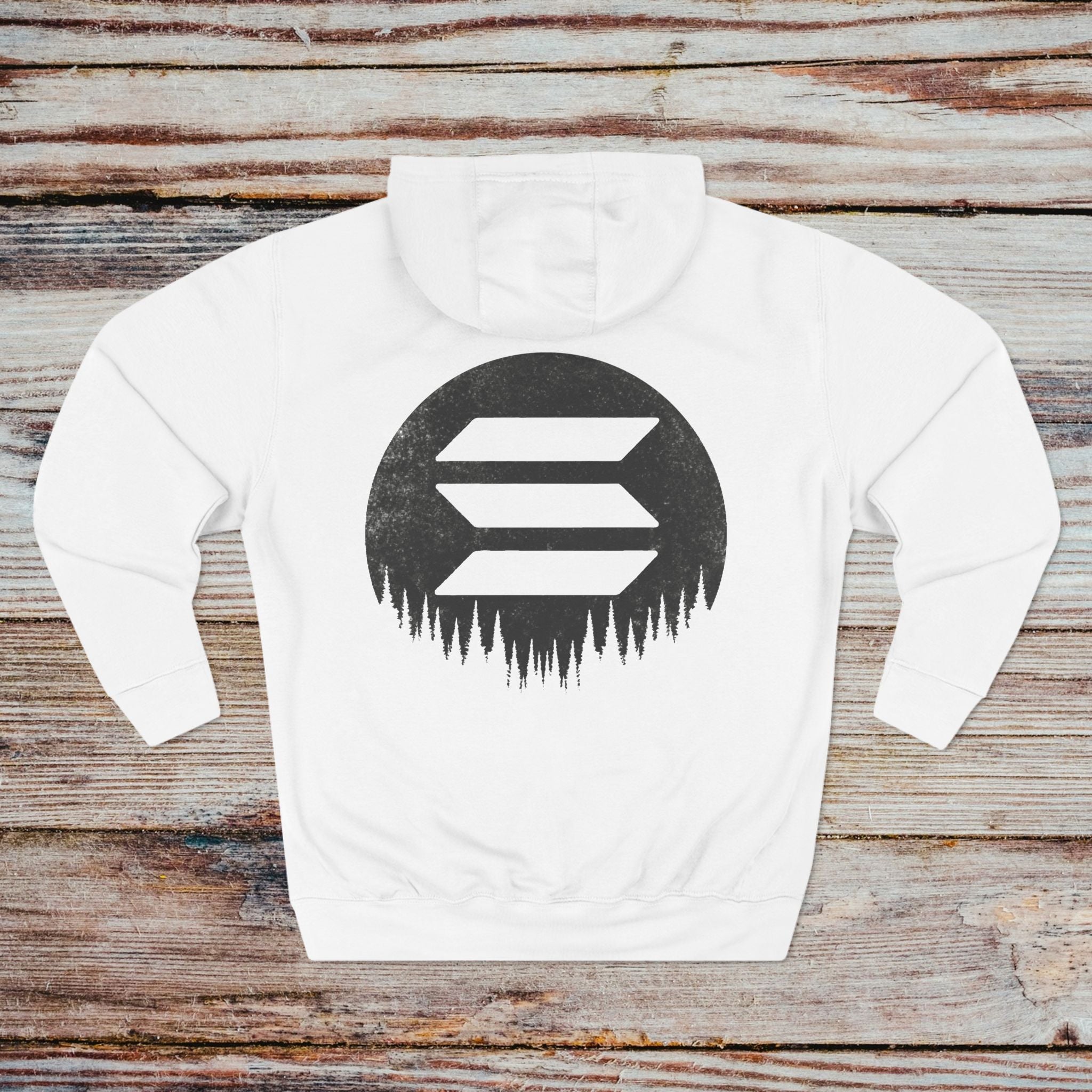 White Solana hoodie back view featuring bold circular Solana moon graphic
