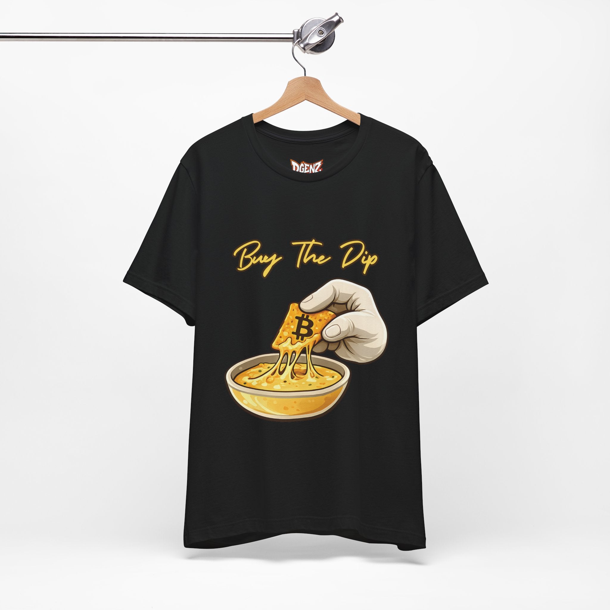 Black Buy The Dip Bitcoin crypto streetwear tee hanging product mockup