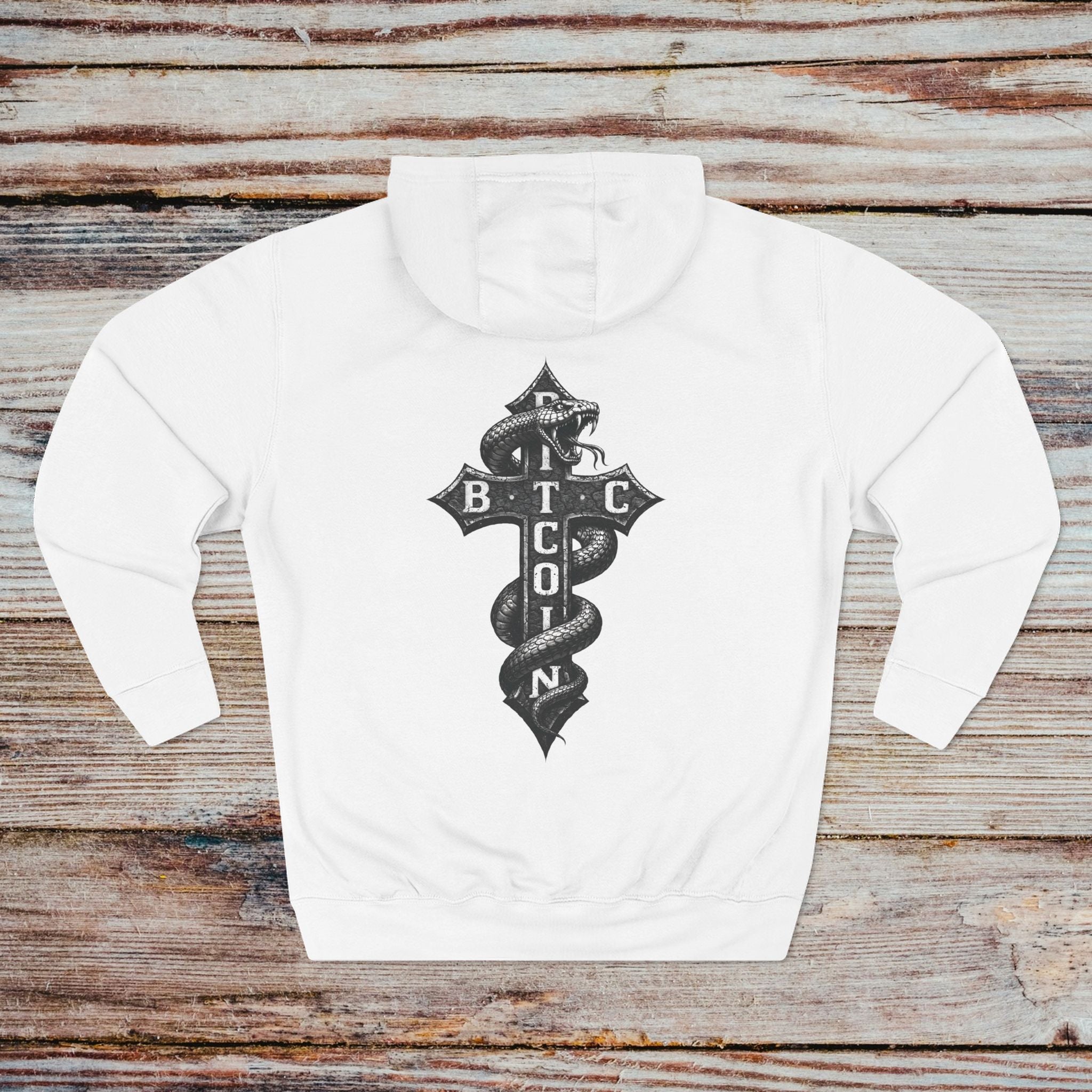White Bitcoin Serpent hoodie back serpent cross graphic