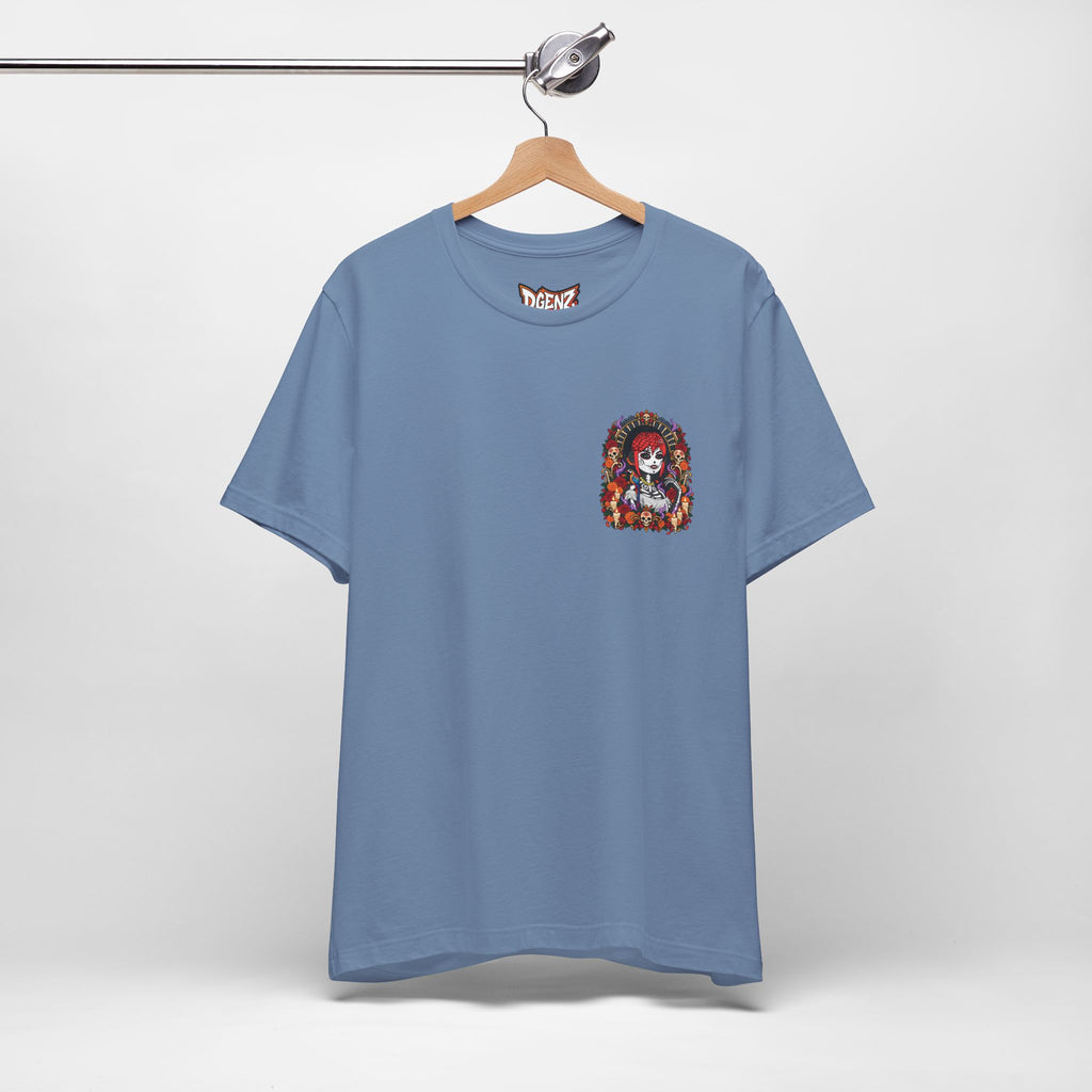 Steel Blue DGENZ Día de los Muertos NFT T-Shirt hanging product mockup