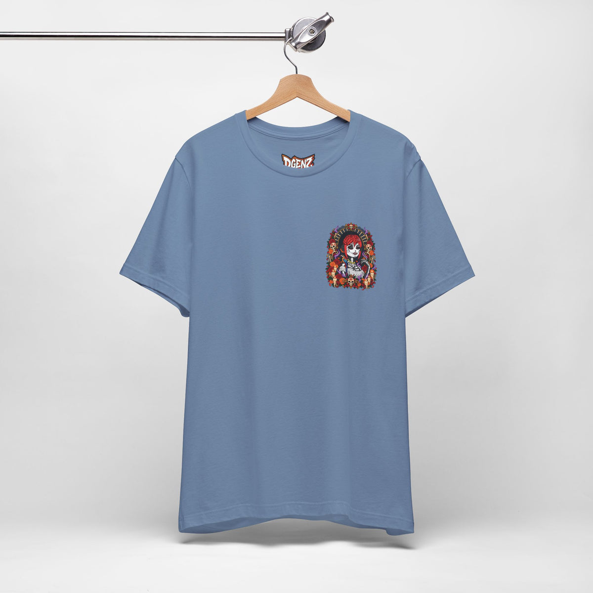 Steel Blue DGENZ Día de los Muertos NFT T-Shirt hanging product mockup