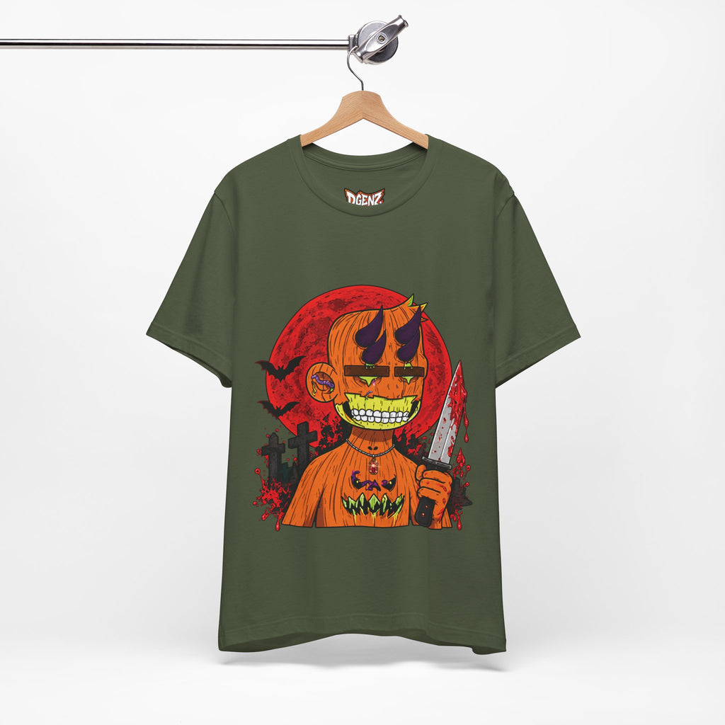 Military green Radiated Boyz Pumpkin Horror NFT T-Shirt with blood moon artwork