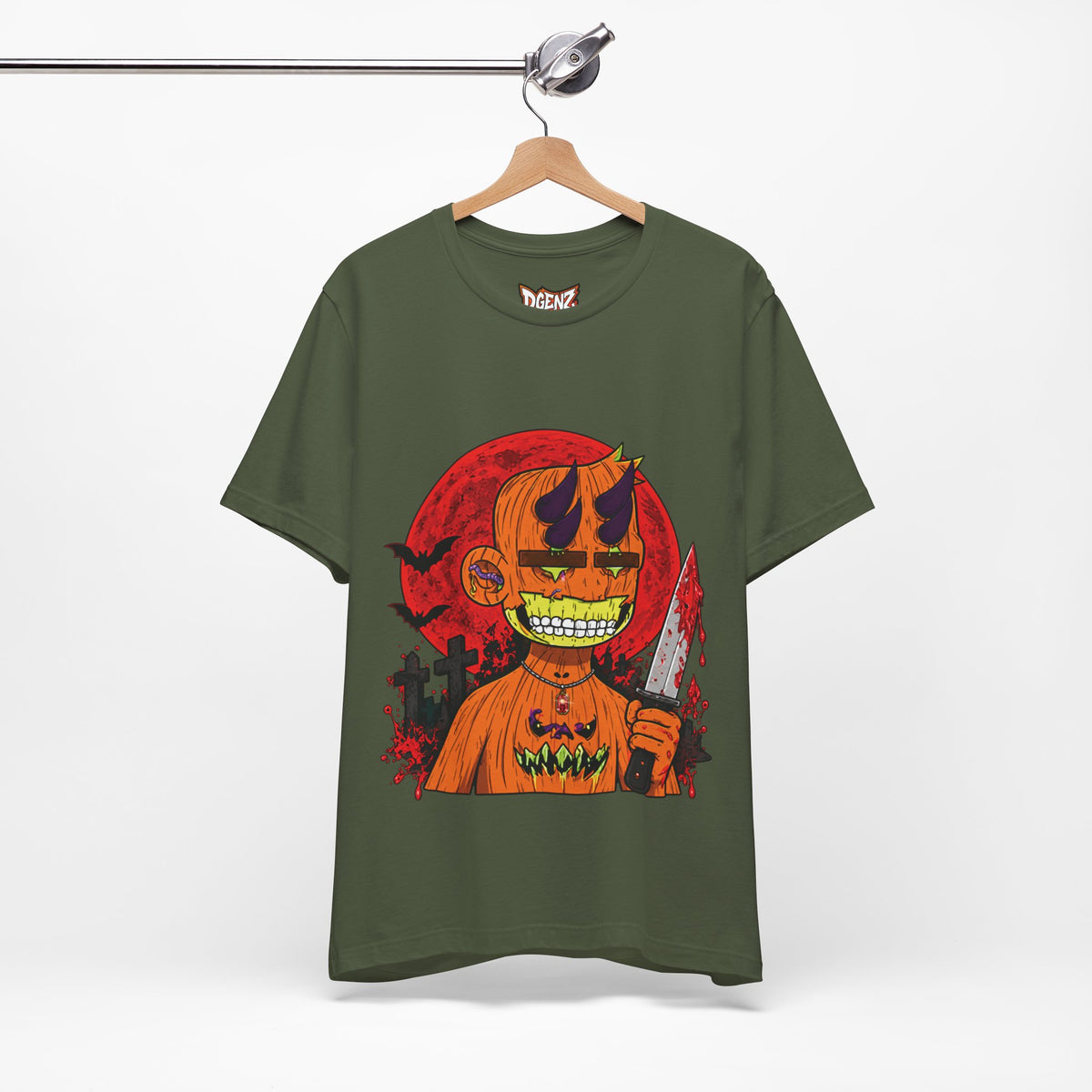 Military green Radiated Boyz Pumpkin Horror NFT T-Shirt with blood moon artwork