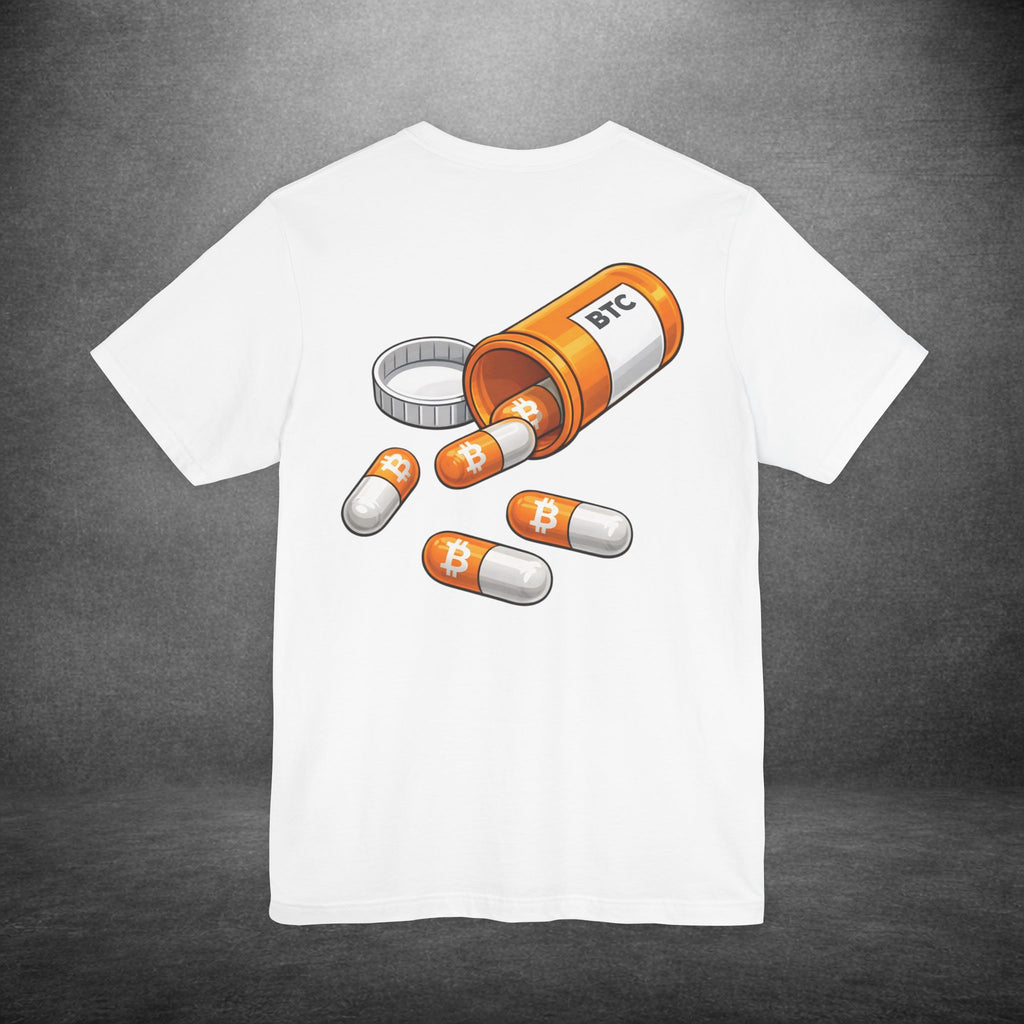 Back print bitcoin orange pill graphic on crypto tee