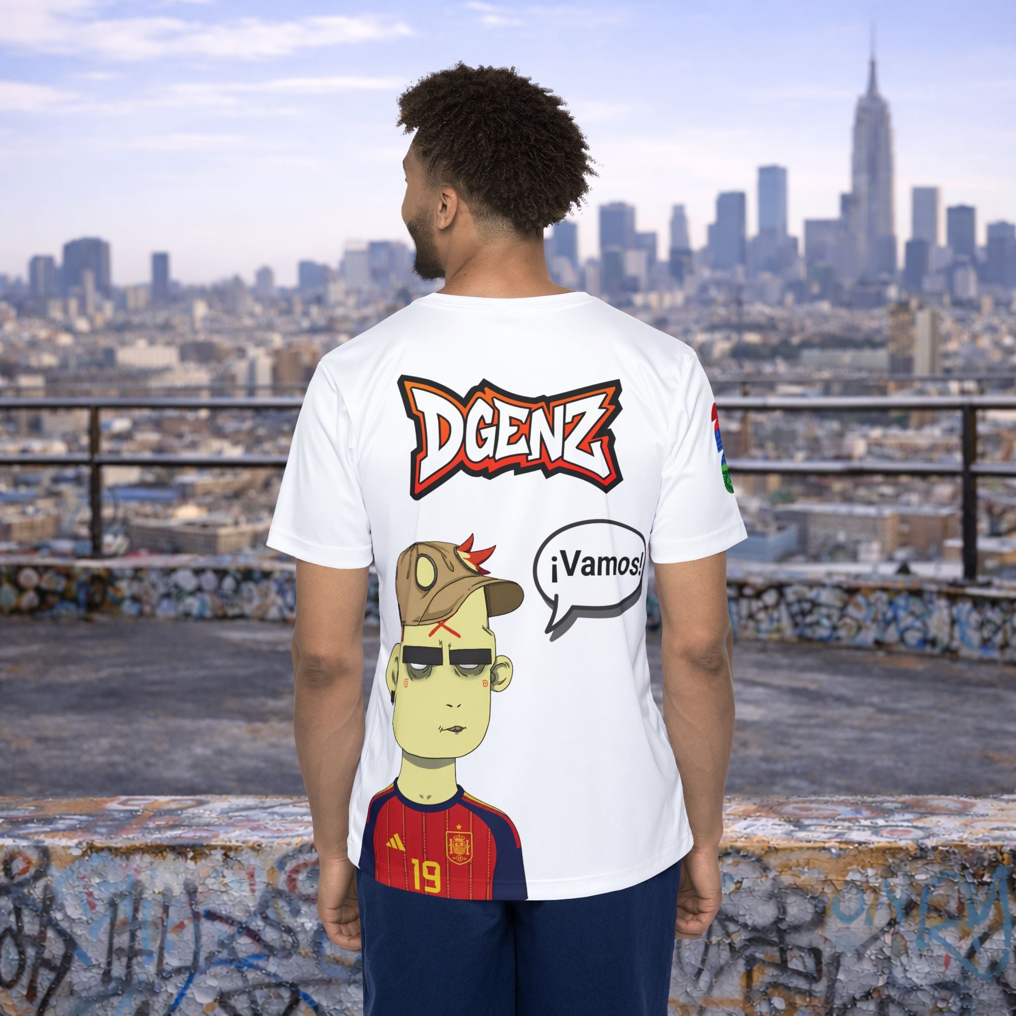 Back view of male model wearing white FIFA x DGENZ Spain jersey with Yamal-inspired character graphic and speech bubble