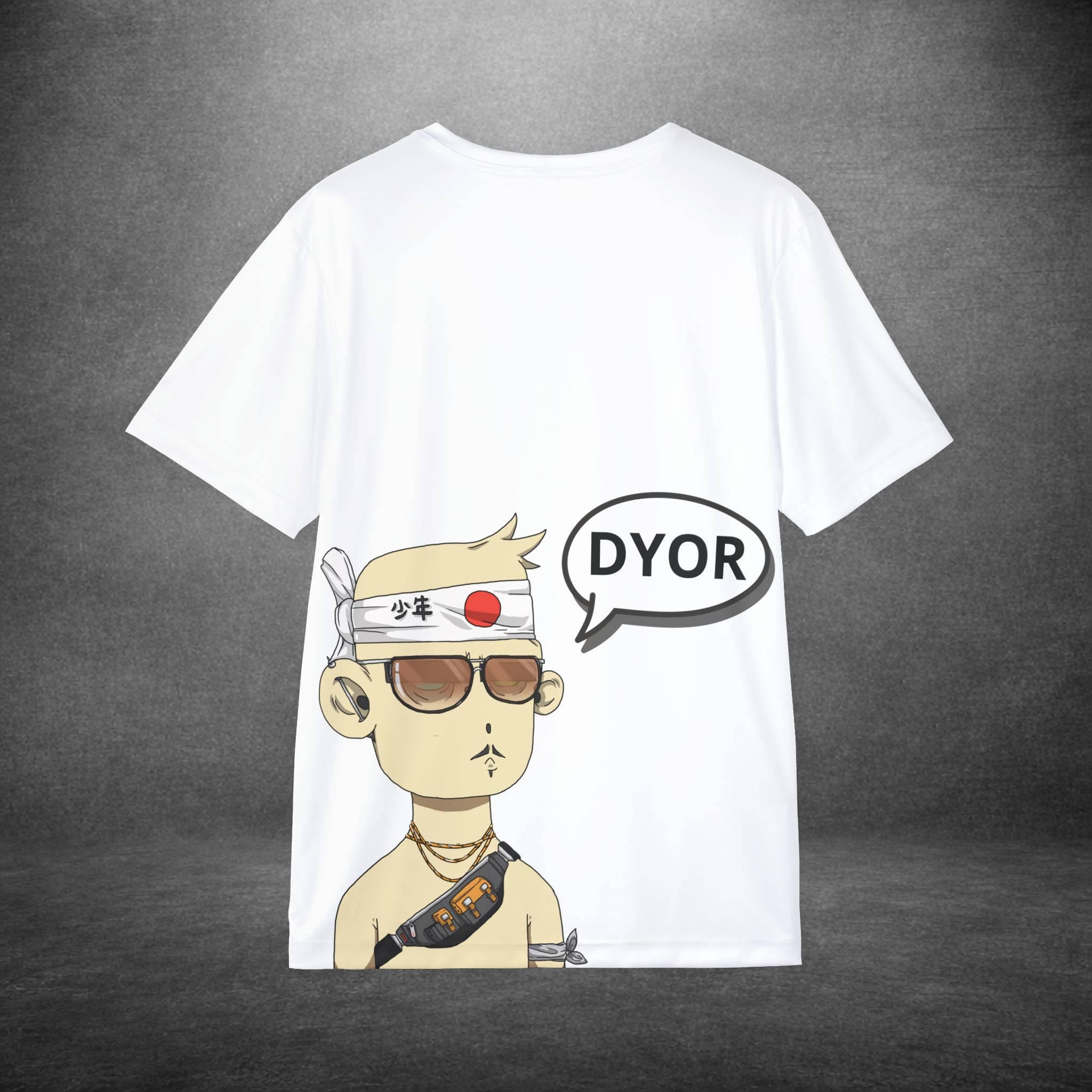 Back view of personalized Dgenz NFT t-shirt displaying custom NFT artwork and speech bubble text