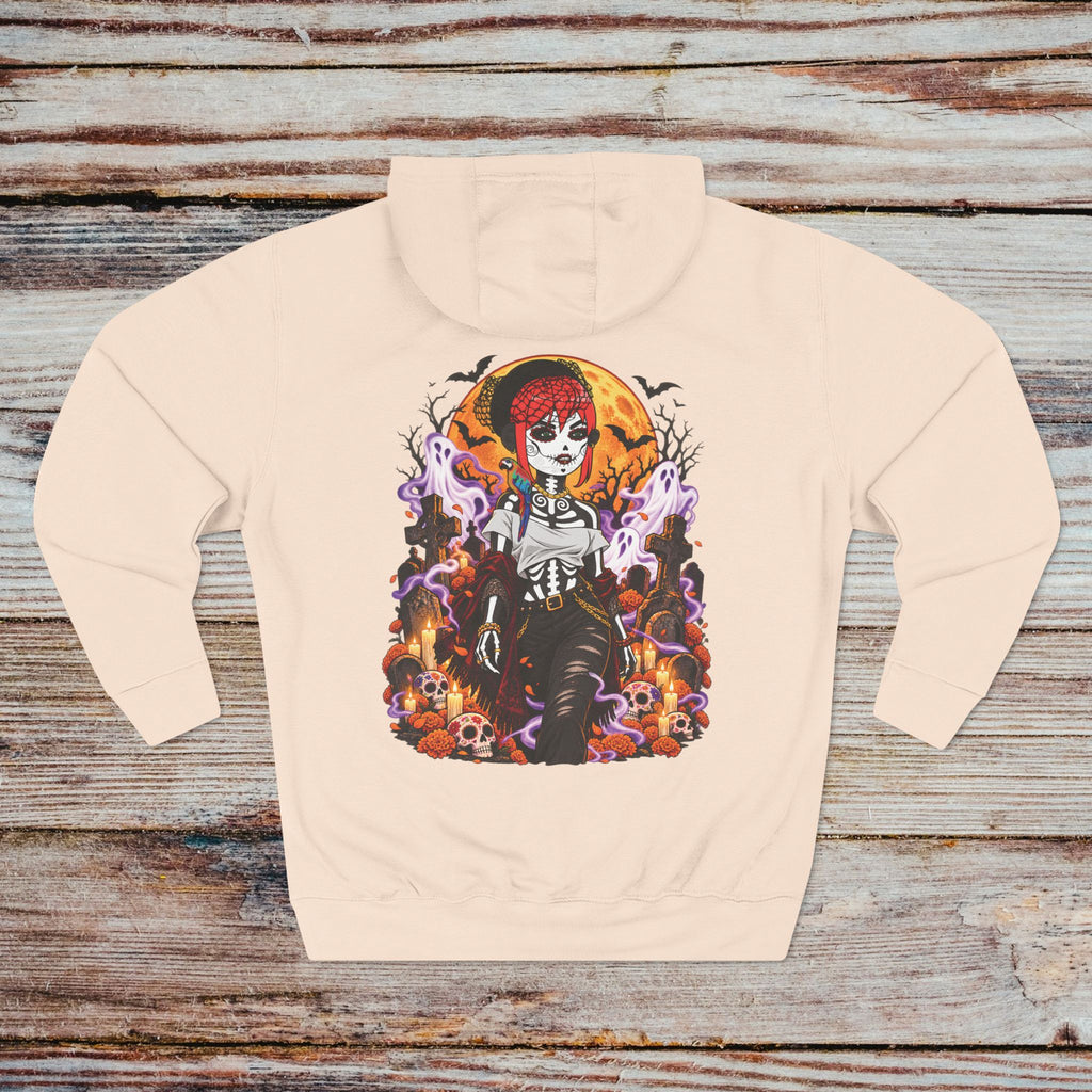 Pale Pink DGENZ Calavera NFT Hoodie back with gothic Halloween artwork