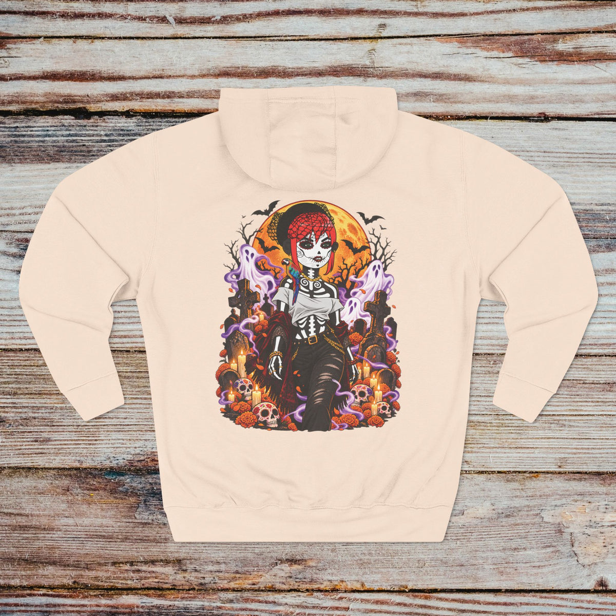 Pale Pink DGENZ Calavera NFT Hoodie back with gothic Halloween artwork