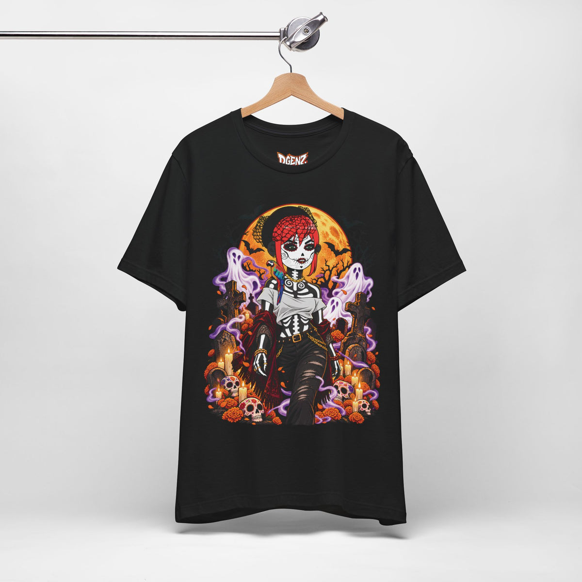 Black DGENZ Halloween Crypto T-Shirt with haunted sugar skull character artwork