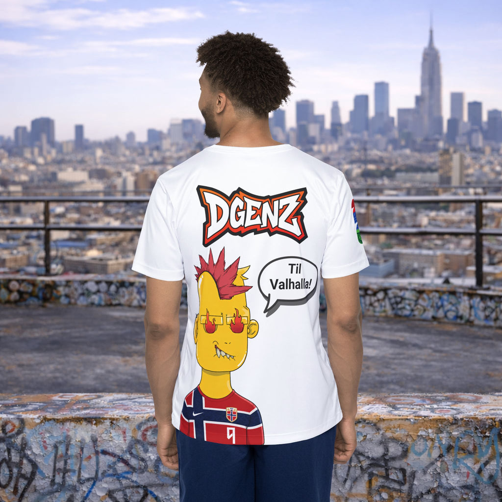 Rear view of male model wearing FIFA x DGENZ Norway jersey with large DGENZ logo, cartoon player graphic, and speech bubble