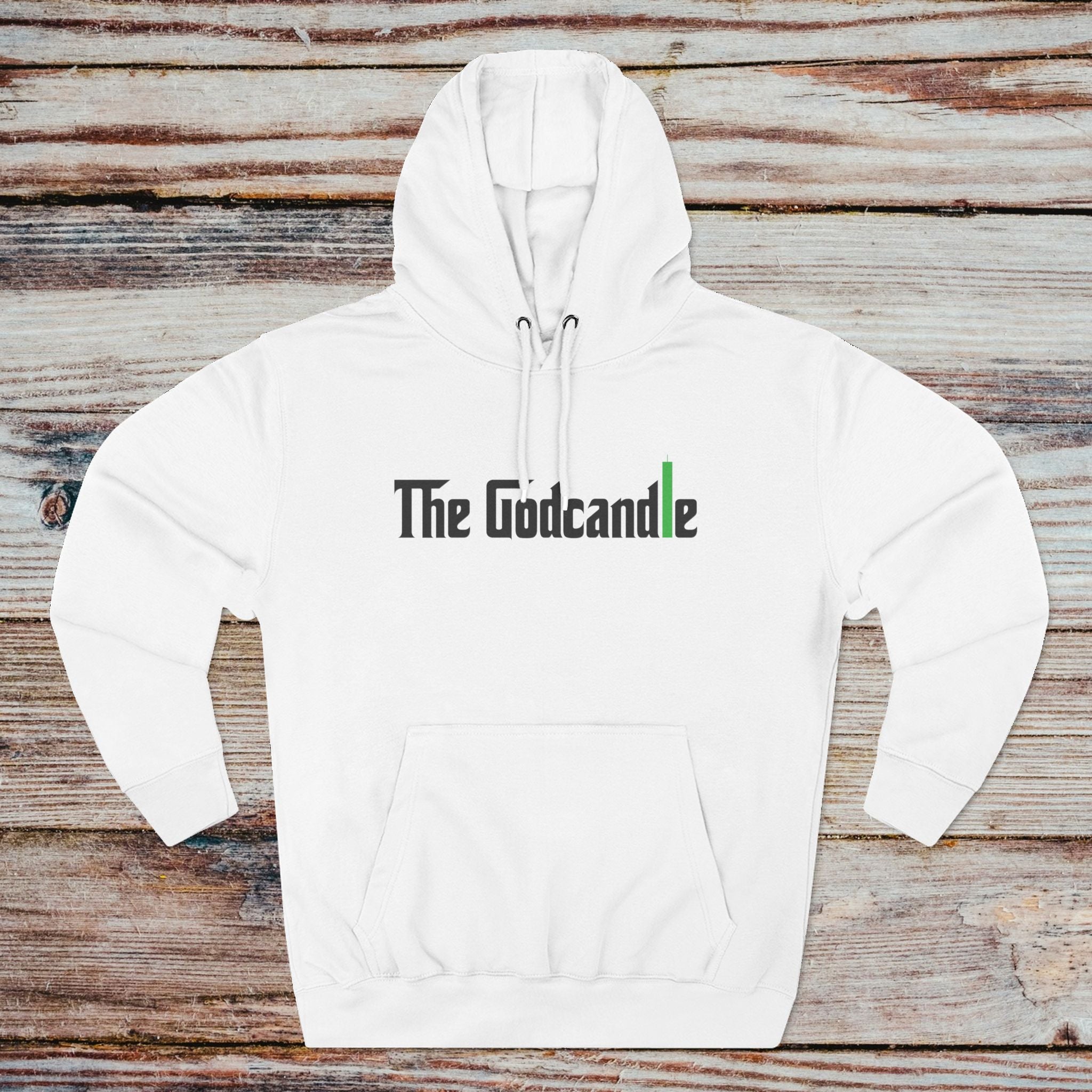 White Godcandle hoodie with green candle detail on chest
