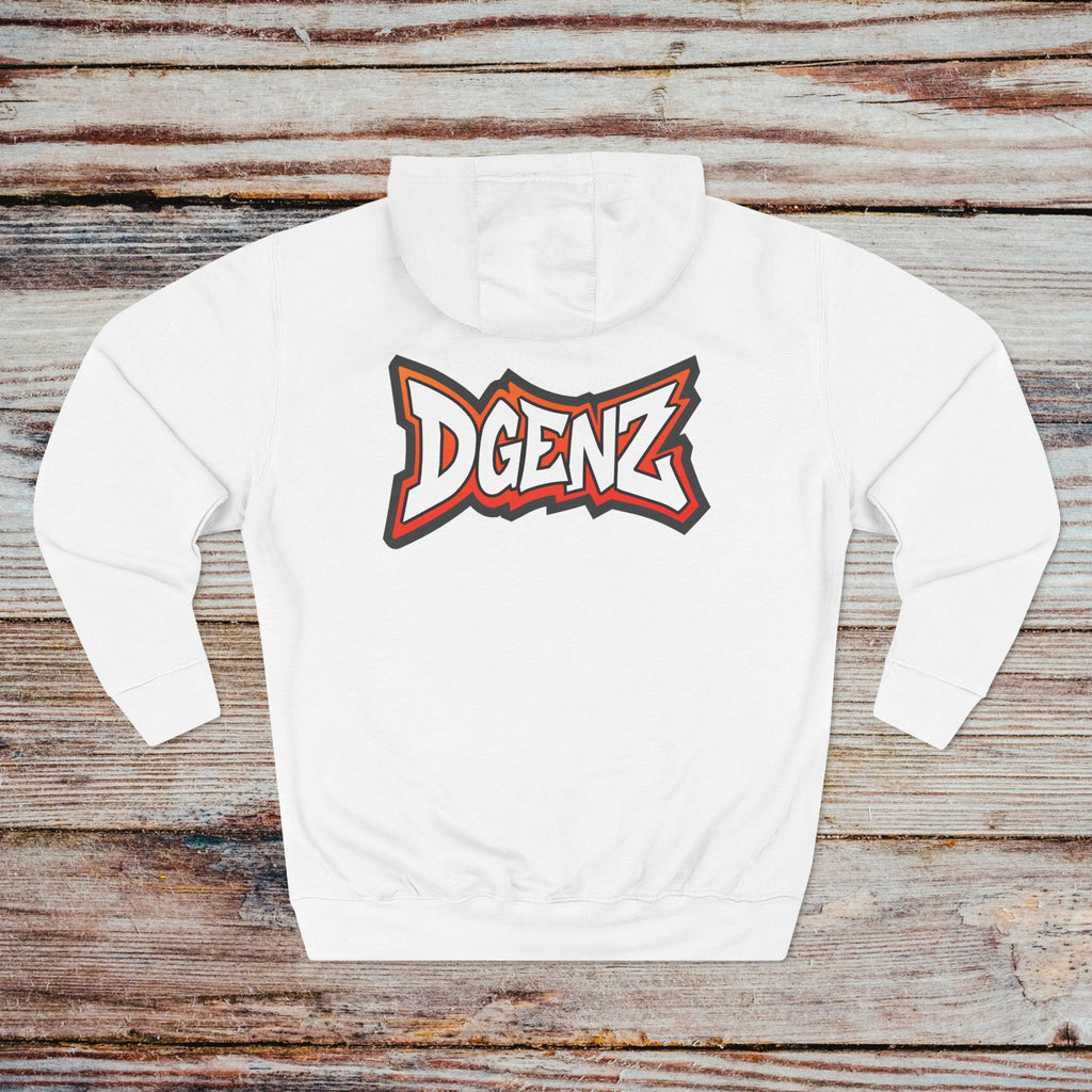 White Dgenz Core Hoodie with bold logo on back streetwear style