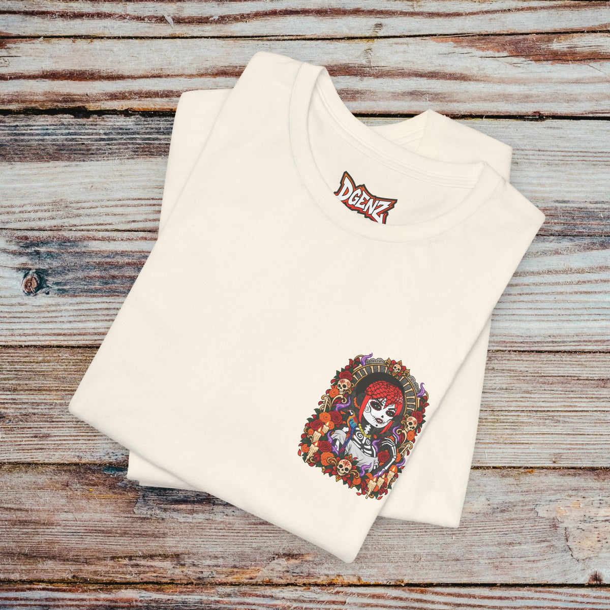 Folded natural DGENZ Día de los Muertos Crypto T-Shirt with sugar skull artwork