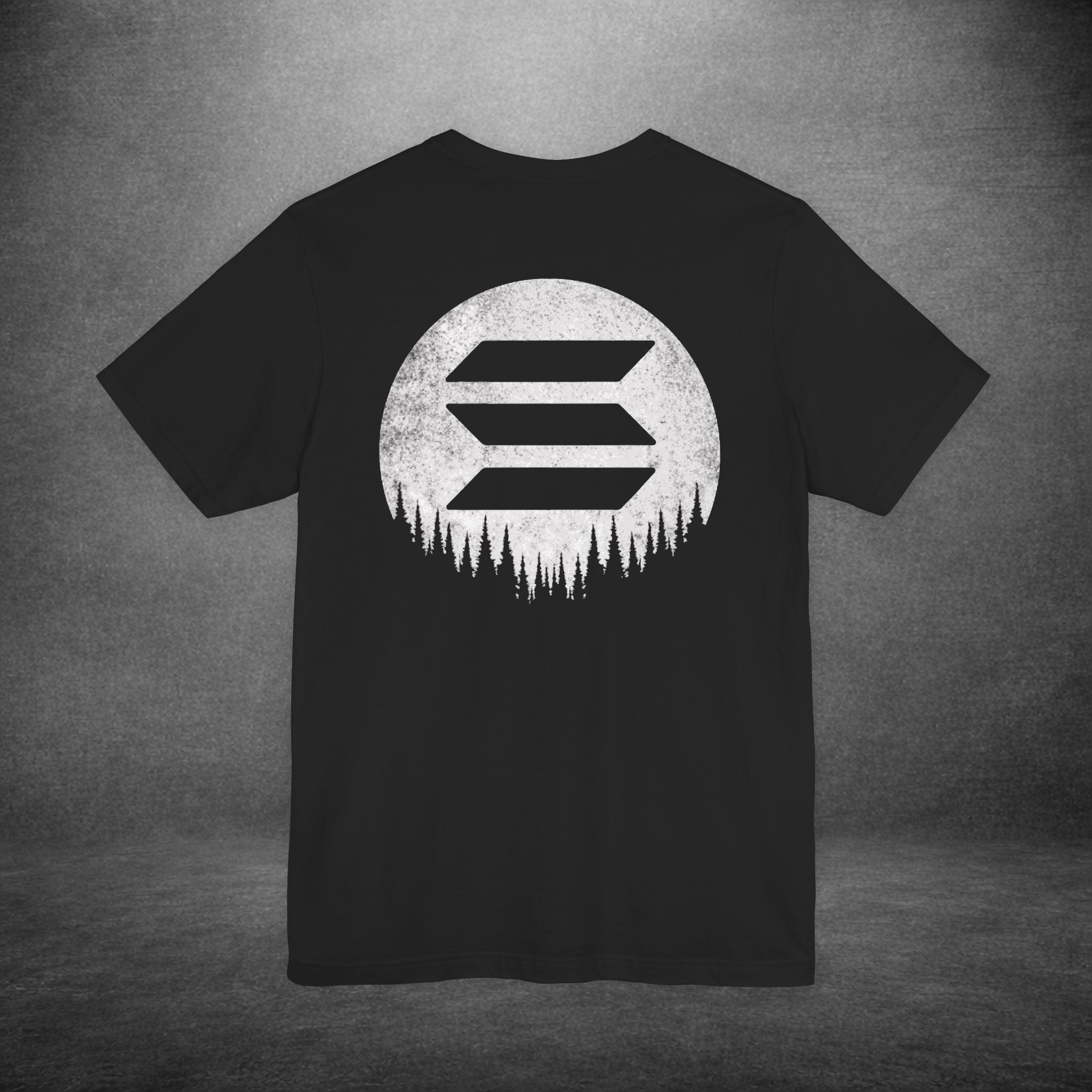 Black Solana t-shirt back view with circular Solana moon emblem
