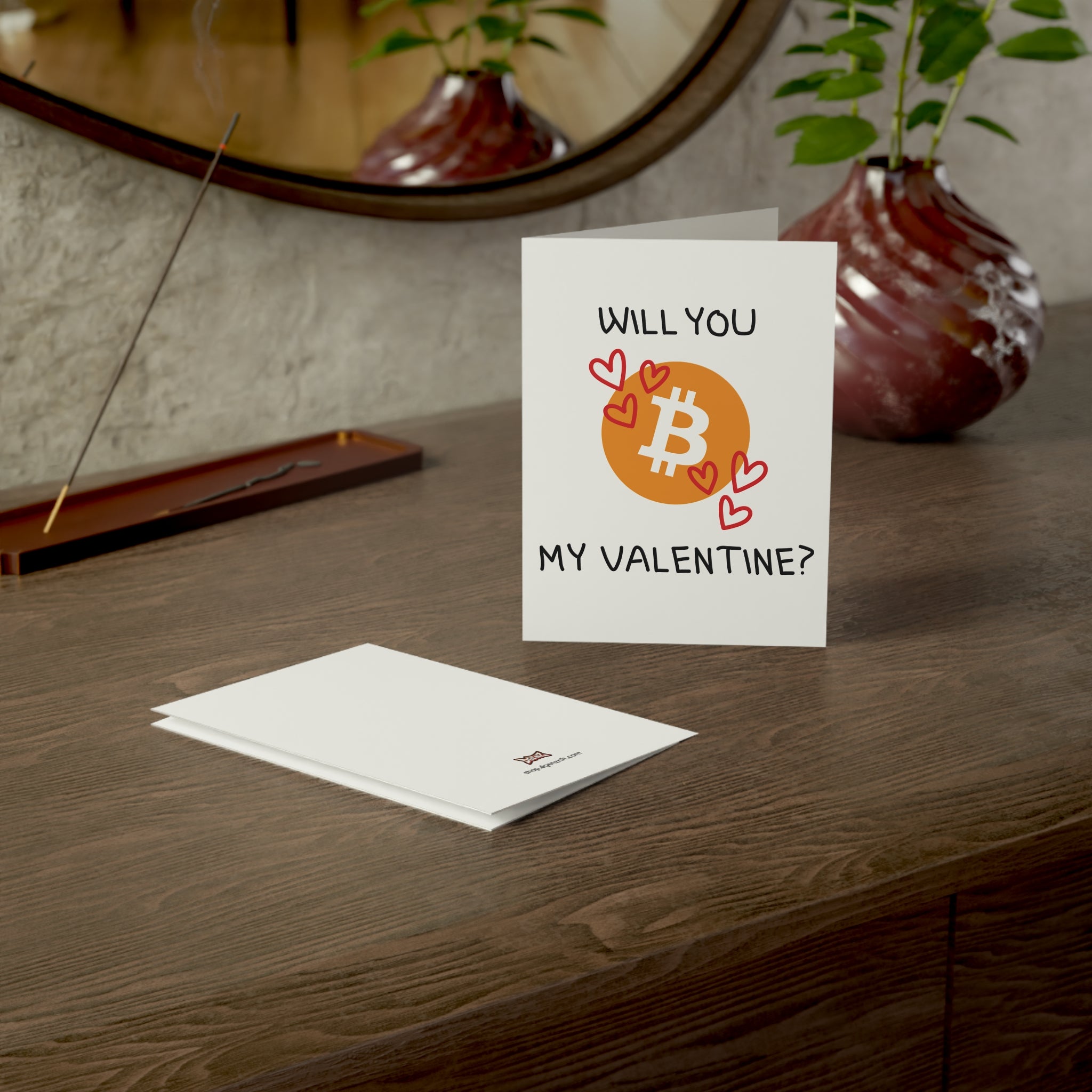 Bitcoin Valentine’s Day card displayed on a wooden table, crypto love greeting card design