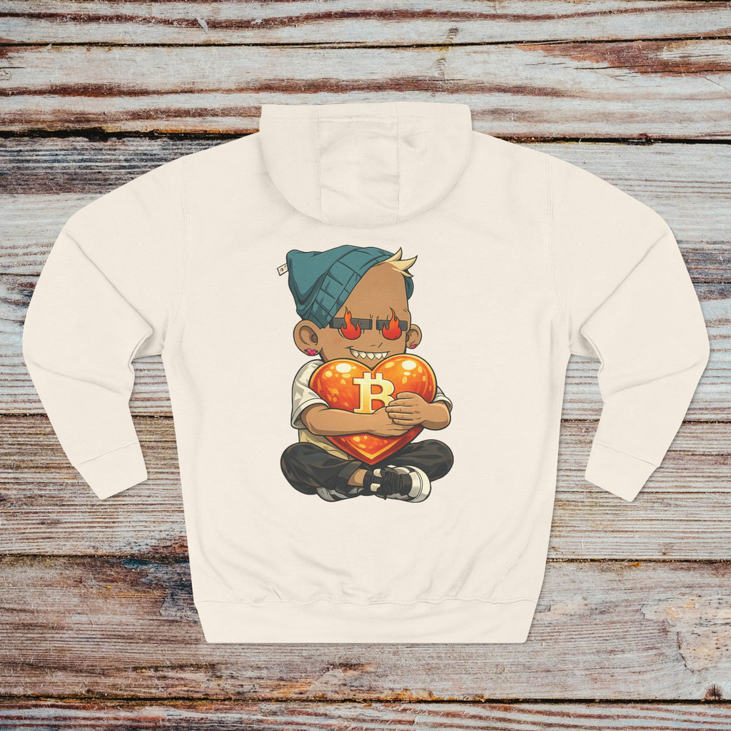 Sandshell crypto hoodie with Bitcoin heart back design