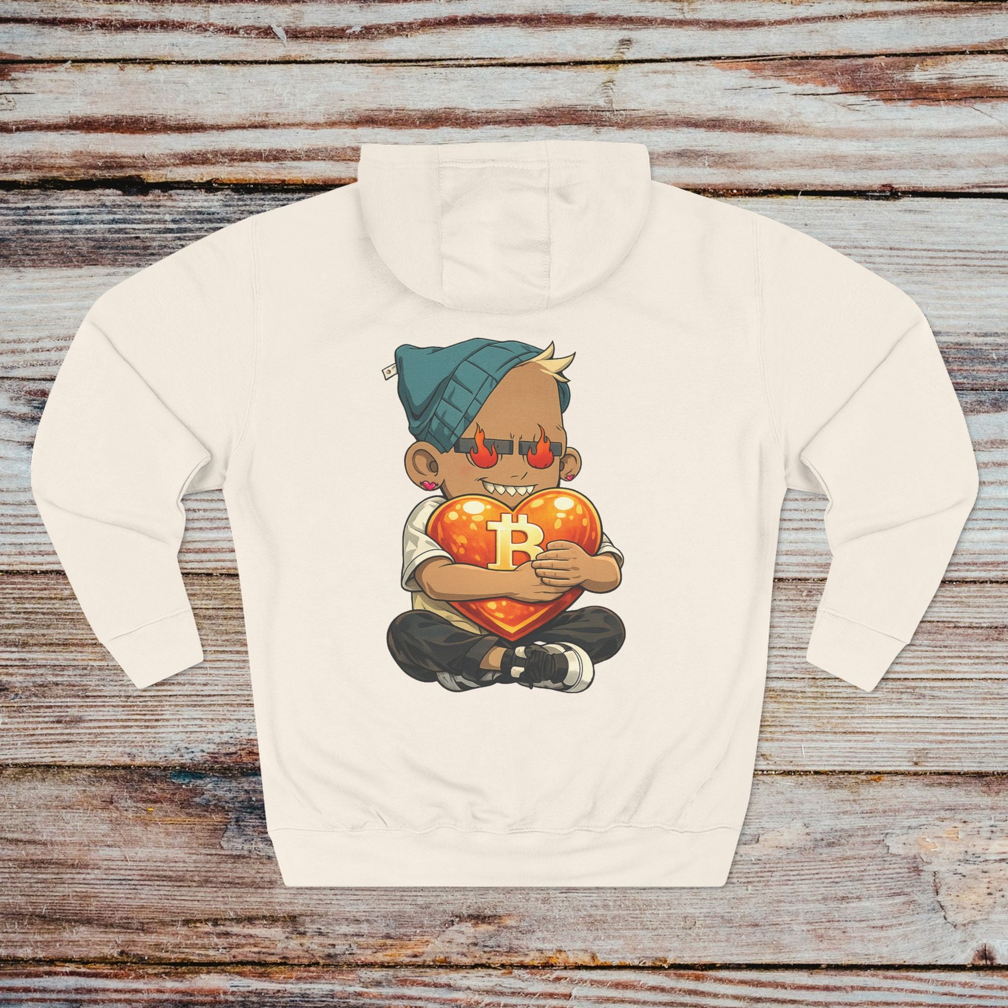 Sandshell crypto hoodie with Bitcoin heart back design