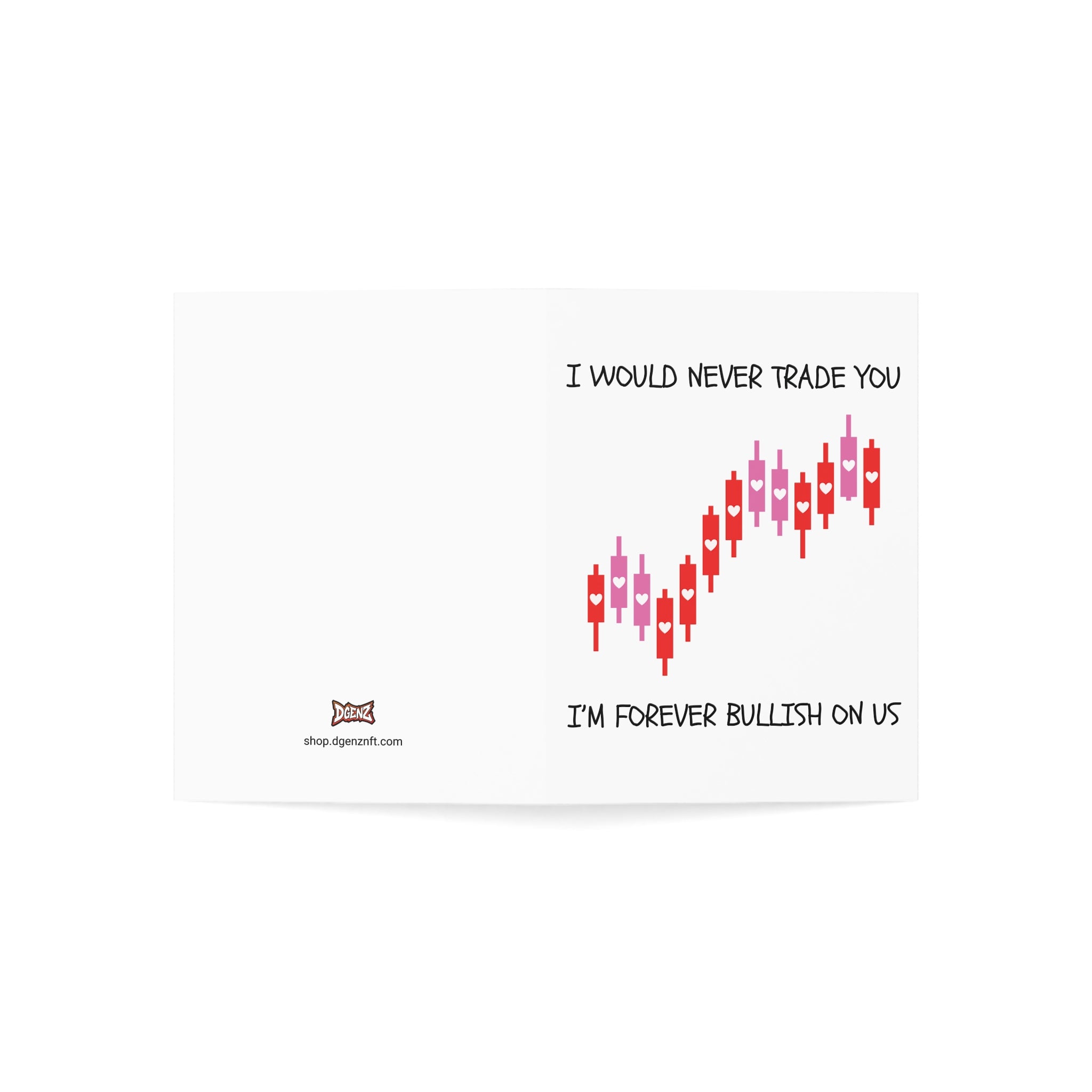Crypto Valentine’s greeting card with bullish trading chart on clean white background
