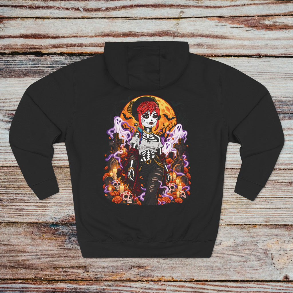 Black DGENZ Calavera Halloween Hoodie back with gothic haunted character graphic
