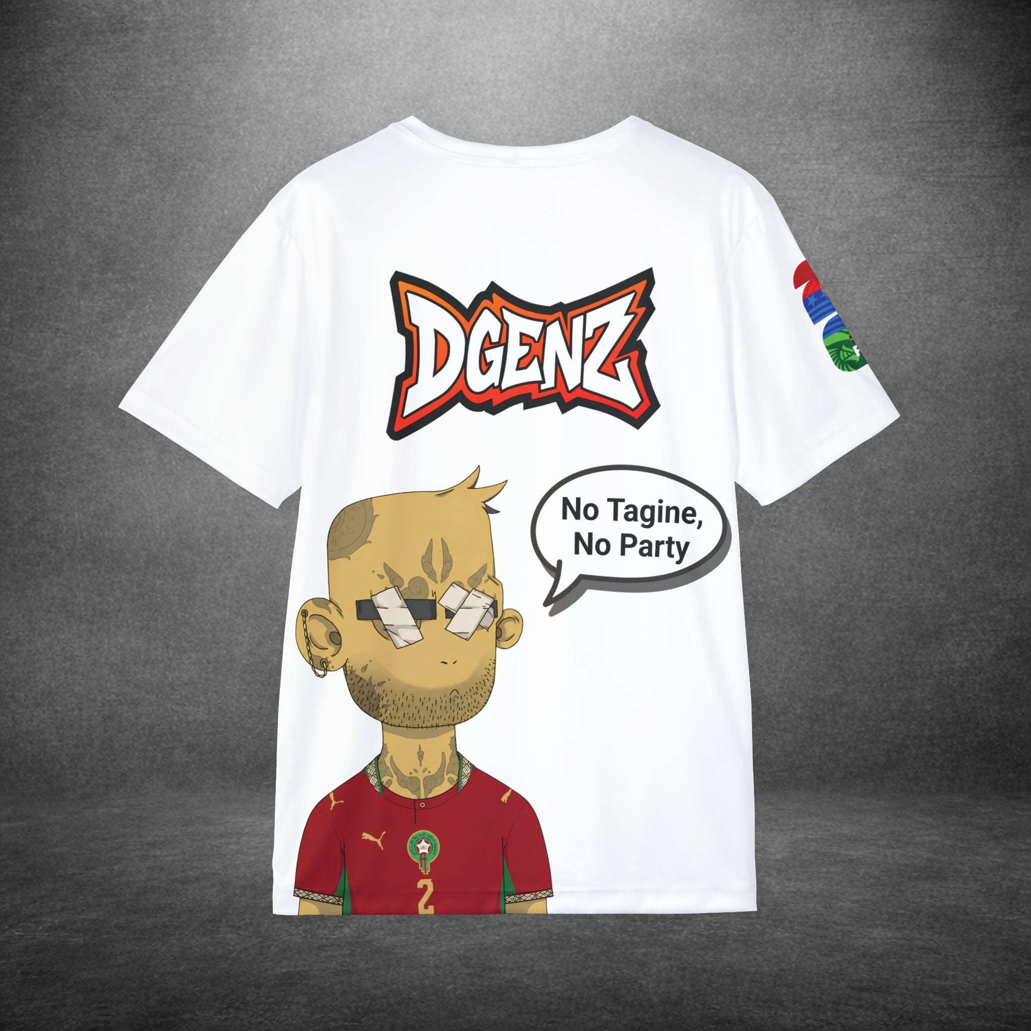 White FIFA x DGENZ Morocco Achraf Hakimi #2 jersey flat lay with cartoon character graphic and customizable speech bubble