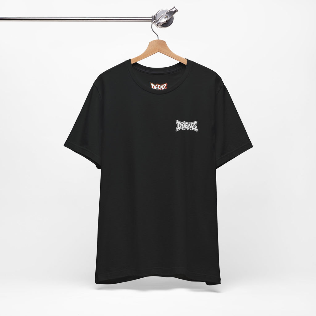Black DGENZ USA Flag crypto t-shirt hanging display with premium streetwear fit