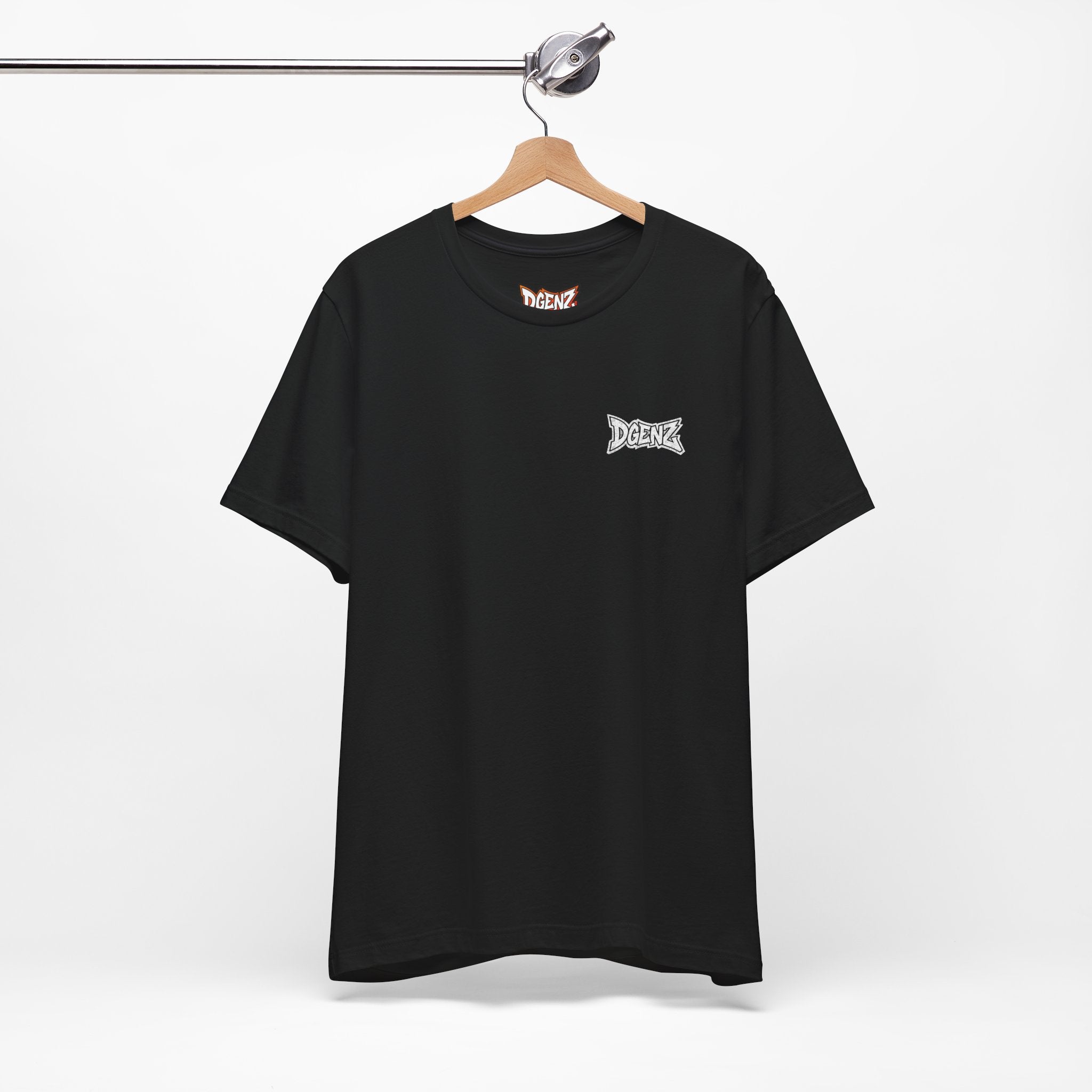 Black DGENZ USA Flag crypto t-shirt hanging display with premium streetwear fit